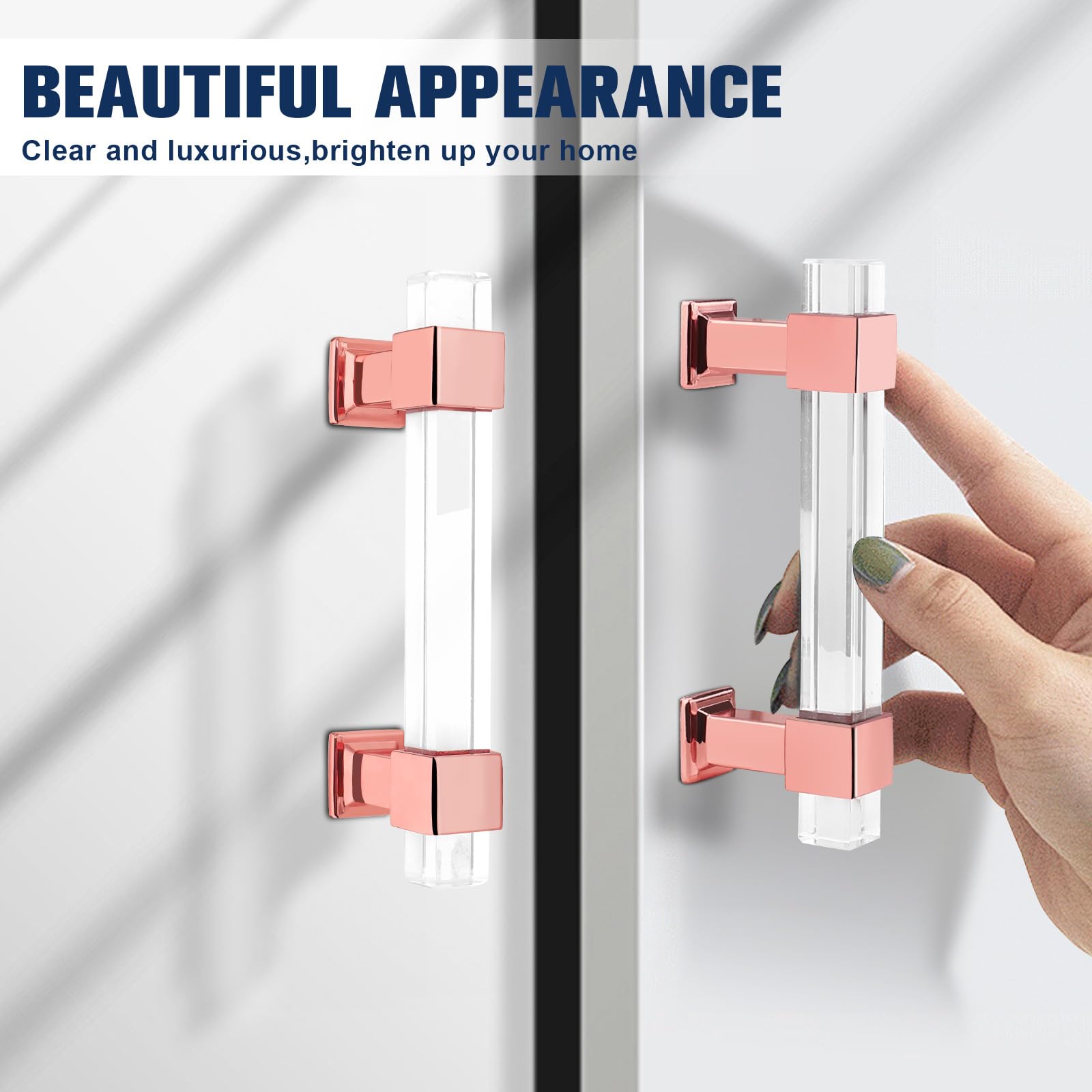 10 Pack Clear Acrylic Cabinet Handles with Rose Gold Finish - 3 Inch Hole Center Modern Square Drawer Pulls for Kitchen & Bathroom Cabinets - Durable Cabinet Hardware for Home Decor & Organization
