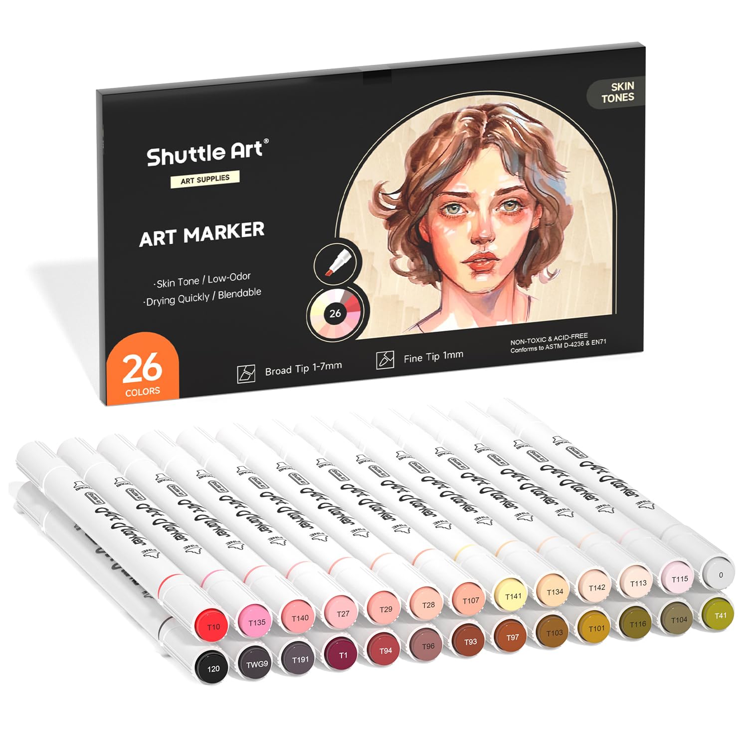Shuttle Art 26 Colors Skin Tone & Hair Alcohol Markers Set - Dual Tip Flesh-Colored Art Markers with Blender for Drawing, Perfect for Portrait, Comic, Anime, Manga & Illustration - Ideal for Artists, Kids & Adults Creative Projects