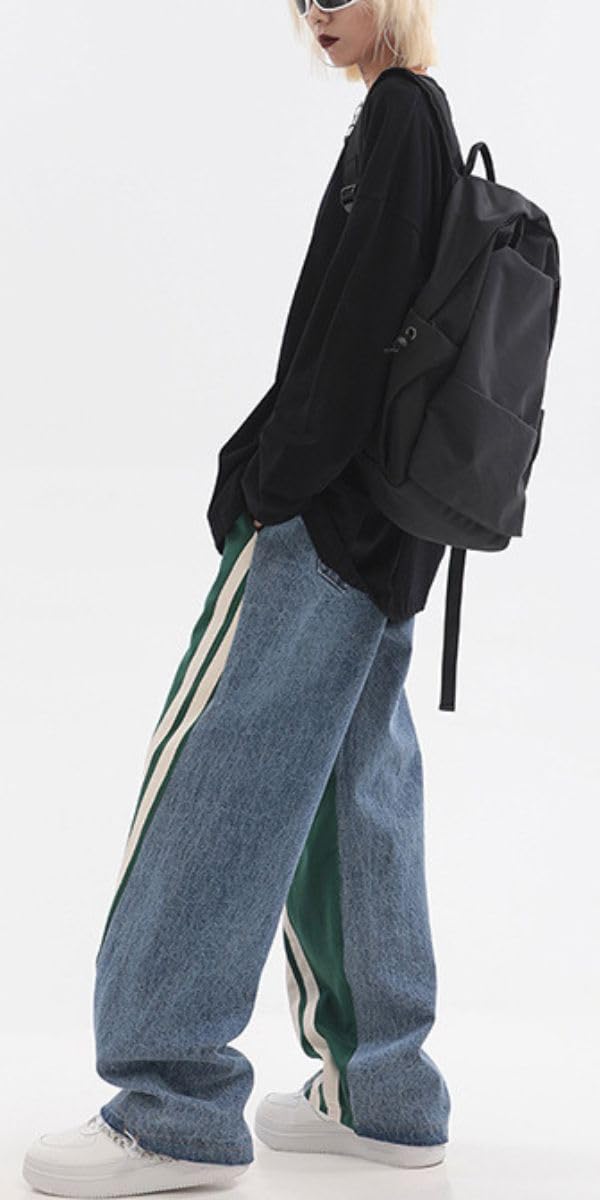 Trendy Women's High Waist Patchwork Jeans - Y2K Style Color Block Wide Leg Denim Pants with Side Stripes | Perfect for Casual Outfits, Streetwear & Retro Fashion Looks