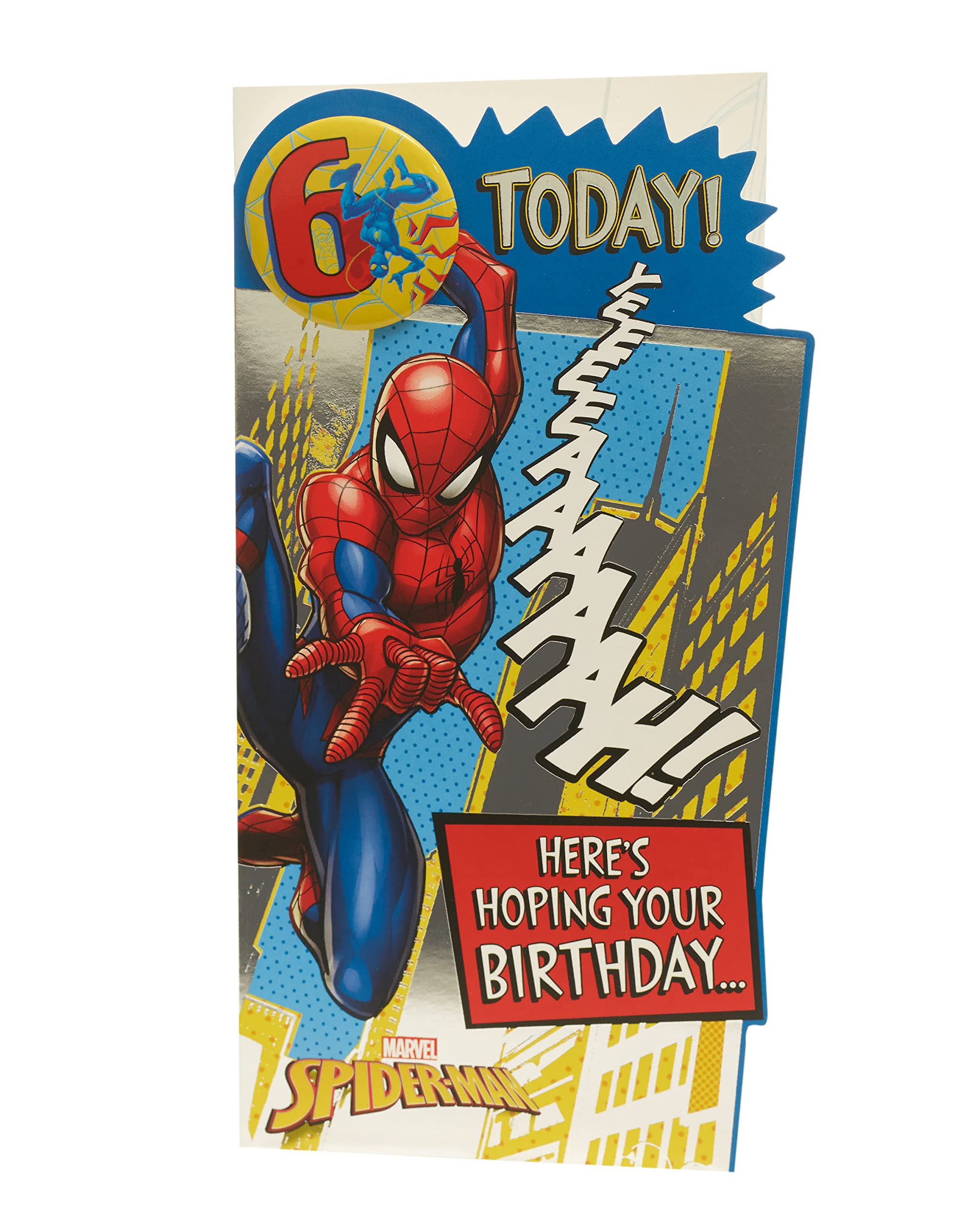 Marvel Spider-Man 6th Birthday Card for Boys - UK Greetings Badge Design with Envelope - 4.76 x 9 Inches - Superhero Party Invitation & Gift Card for Kids