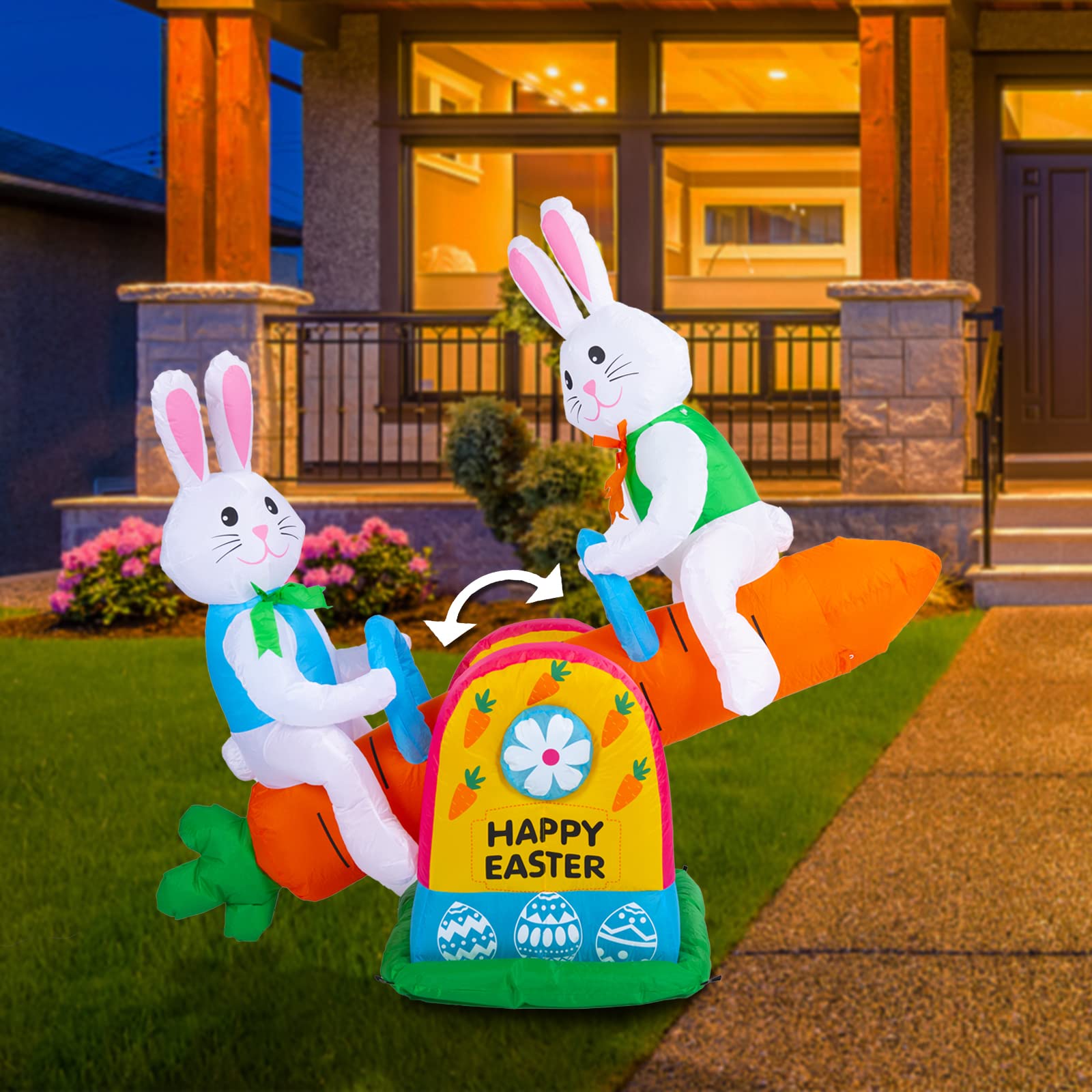 Vigdur 4FT Easter Inflatable Outdoor Decorations - LED Light Up Bunny Seesaw with Carrots for Easter Party, Yard, Garden & Lawn Decor | Perfect for Easter Celebrations, Spring Festivals & Outdoor Holiday Events