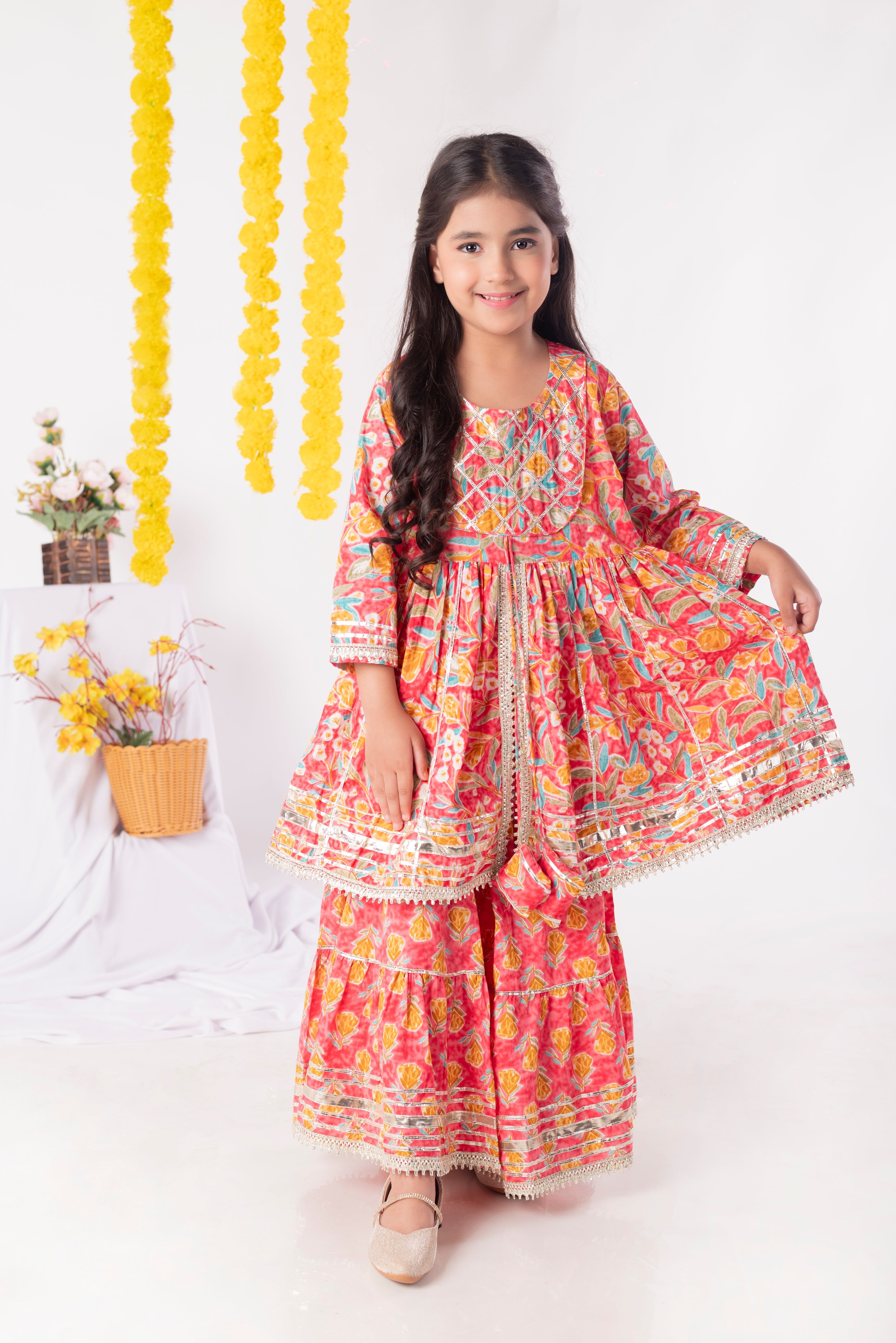 Embroidered Gota Kurti with Flared Sharara Set - Elegant Pink Indian Ethnic Outfit for Women | Perfect for Weddings, Festivals & Special Occasions