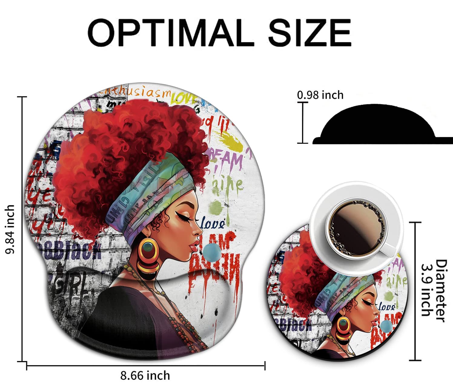 Ergonomic Mouse Pad with Wrist Support Gel - Comfortable Office & Gaming Mouse Mat for Pain Relief, Typing & Work - Includes Bonus Coaster - Perfect for Home Office, PC Gaming & Computer Workstations (African Black Woman Design)