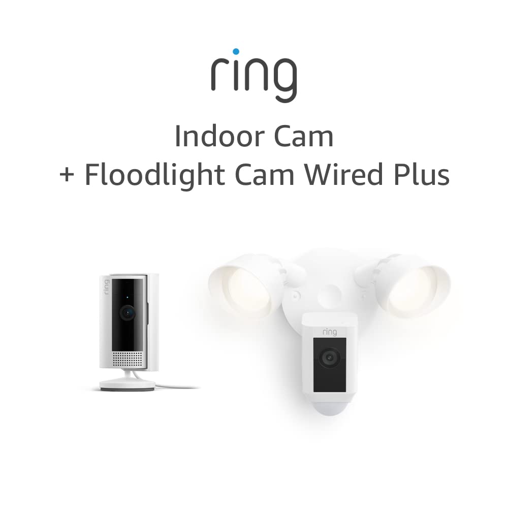 Ring Floodlight Cam Wired Plus with All-new Indoor Security Camera - 1080p HD Video, Motion Detection, 2-Way Talk, Night Vision, Weather Resistant for Home Security (White) - Perfect for Garage, Backyard & Front Door Monitoring