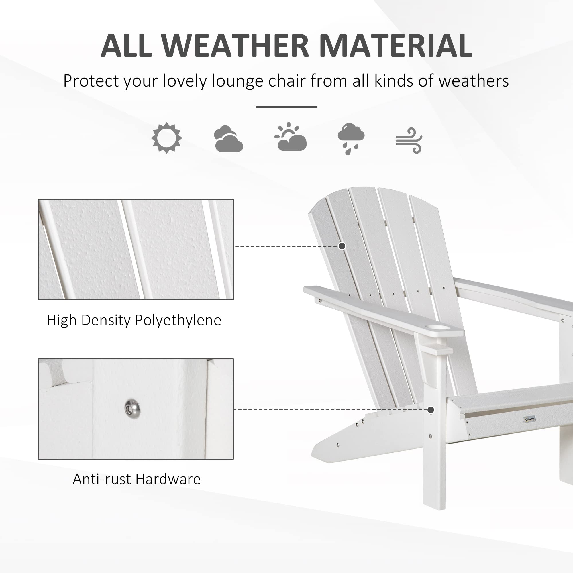 Outsunny White HDPE Adirondack Chair with Cup Holder - All-Weather Patio Lounger for Outdoor, Backyard, Garden, Deck & Lawn - Perfect for Fire Pit Seating, Relaxing & Entertaining Guests