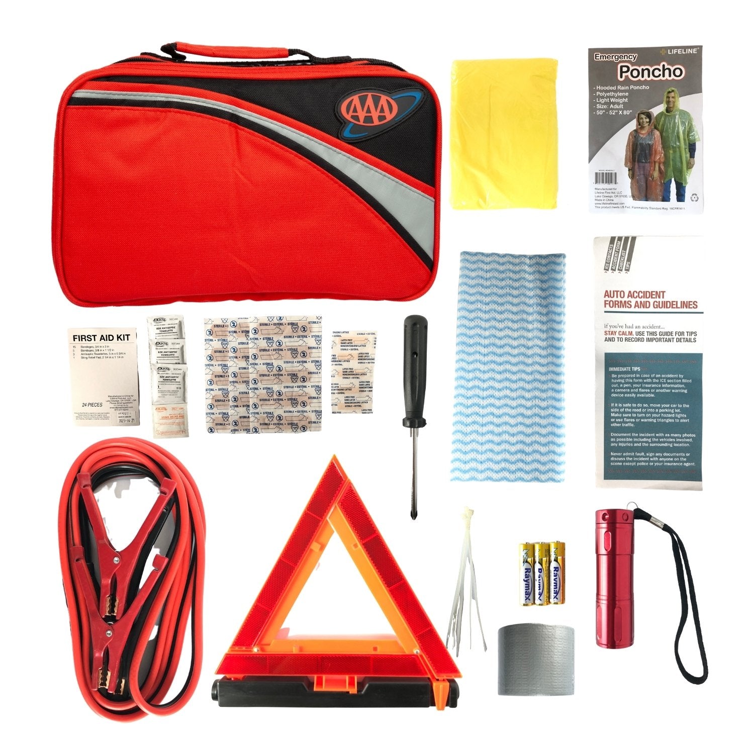 AAA Traveler Roadside Emergency Kit - 122-Piece Car Safety Kit with Jumper Cables, First Aid Supplies & Reflective Triangle for Road Trips, Camping & Winter Driving Emergencies