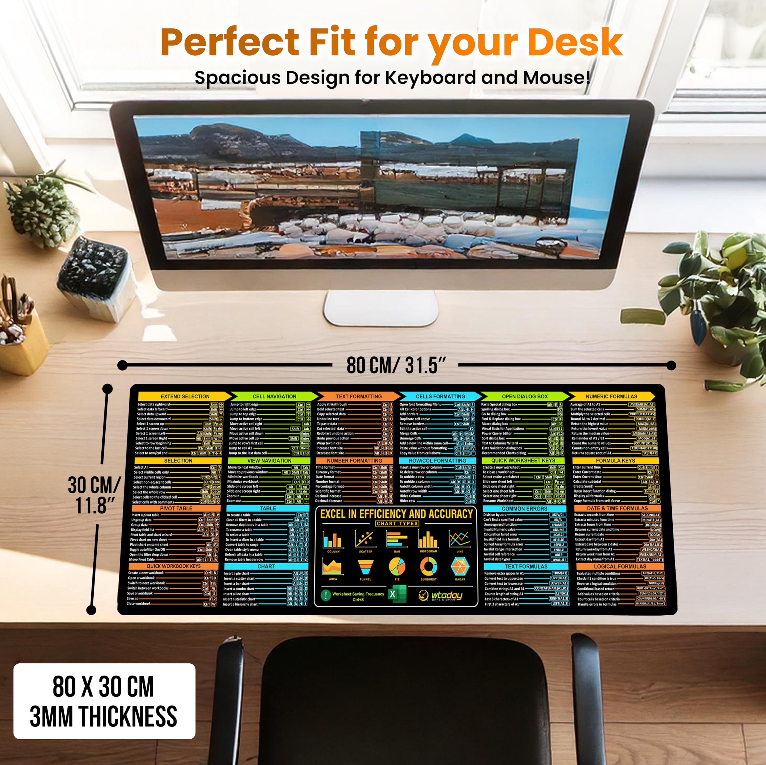 Excel Shortcuts Mouse Pad - Extended XL Office Keyboard Mat (31.5