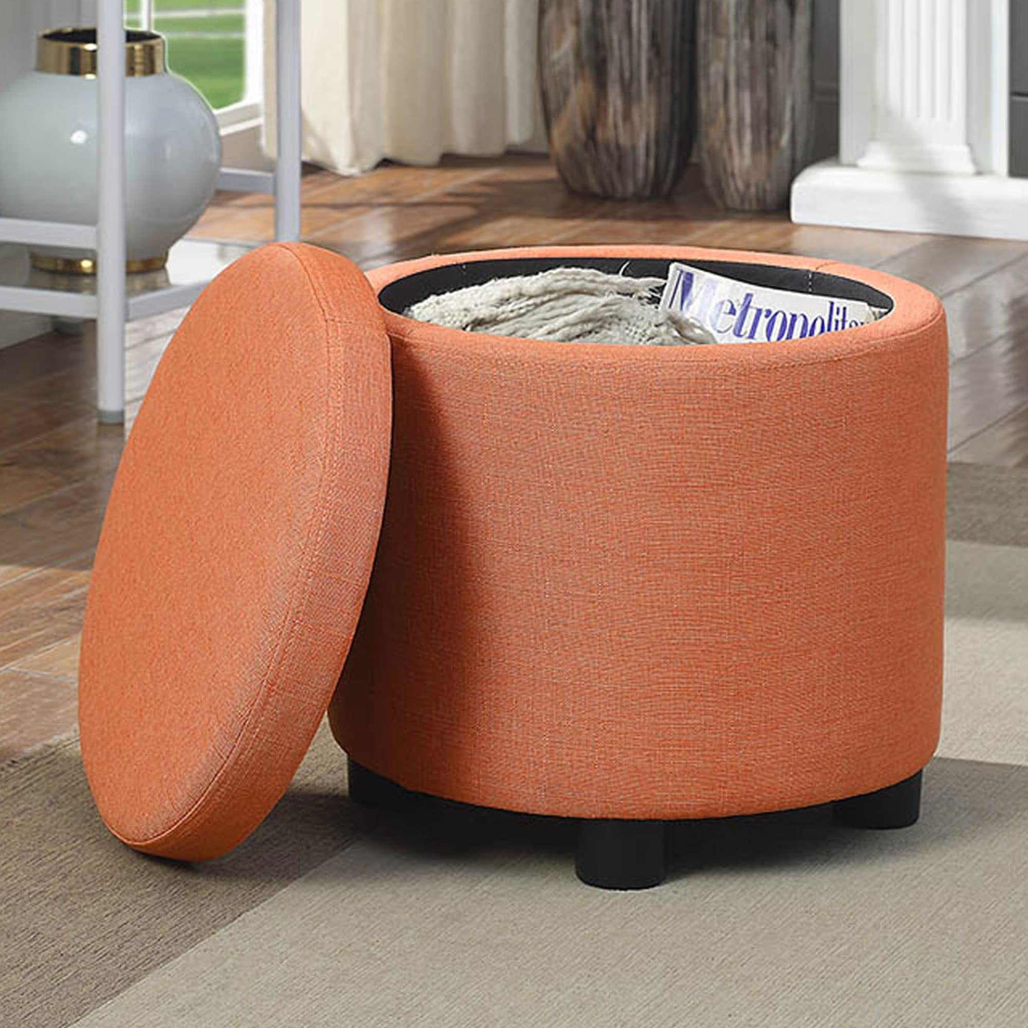 Designs4Comfort Round Accent Storage Ottoman with Reversible Tray Lid - Versatile Living Room Furniture for Extra Seating & Hidden Storage - Perfect for Small Spaces, Home Decor & Organization