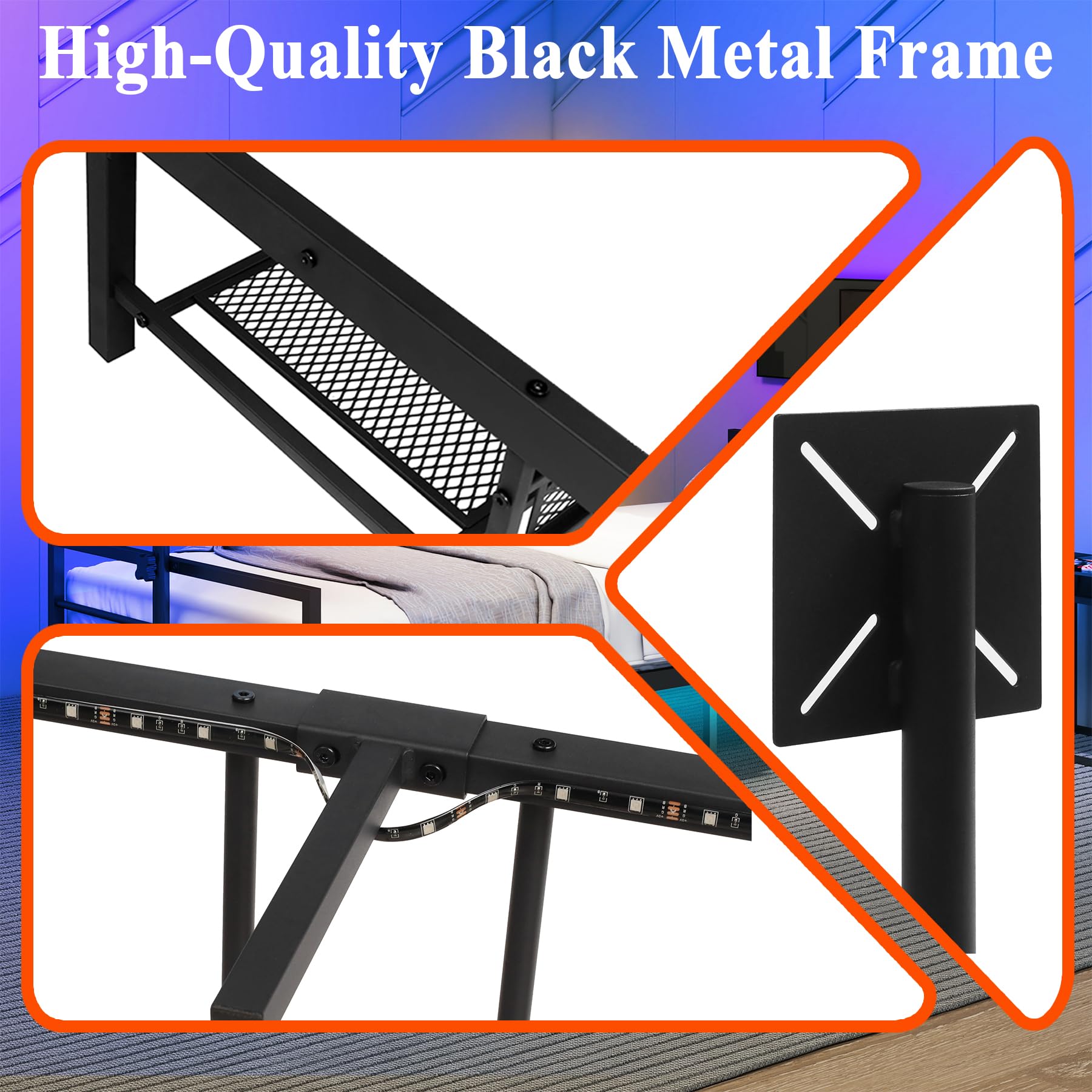 Anwick Twin Gaming Bed with TV Lift & LED Lights, Metal Bed Frame with TV Mount for 13-42 Inch TVs, Storage & Ventilated Console Rack - Perfect for Gamers, Teens & Small Bedrooms (Twin Size)