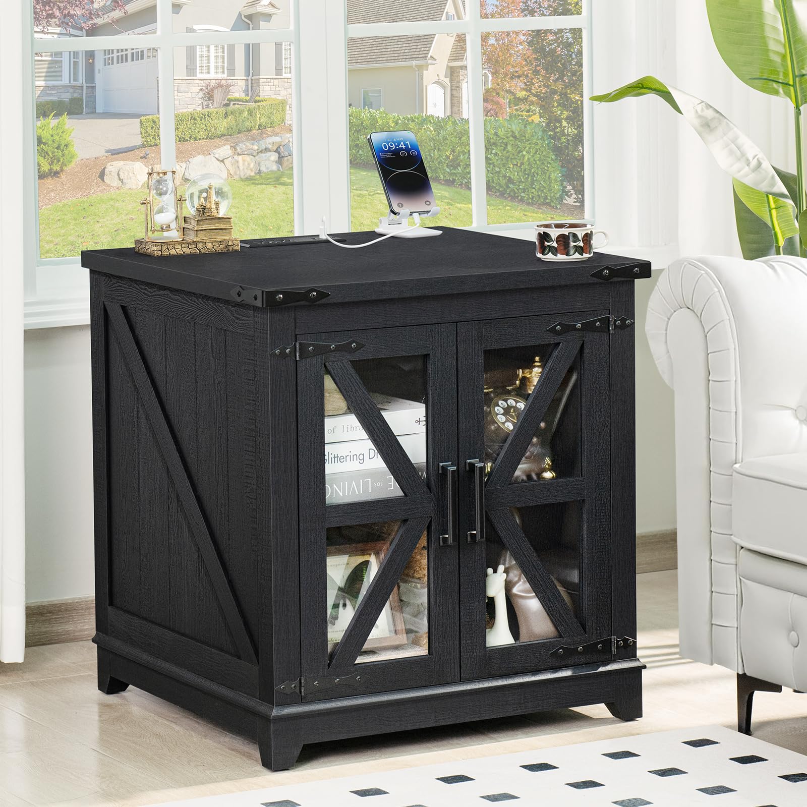 3-Piece Farmhouse Coffee Table Set with Charging Station & Hidden Storage - Large End/Side Tables & Coffee Table - Black Wood Living Room Furniture for Home, Office & Family Gatherings