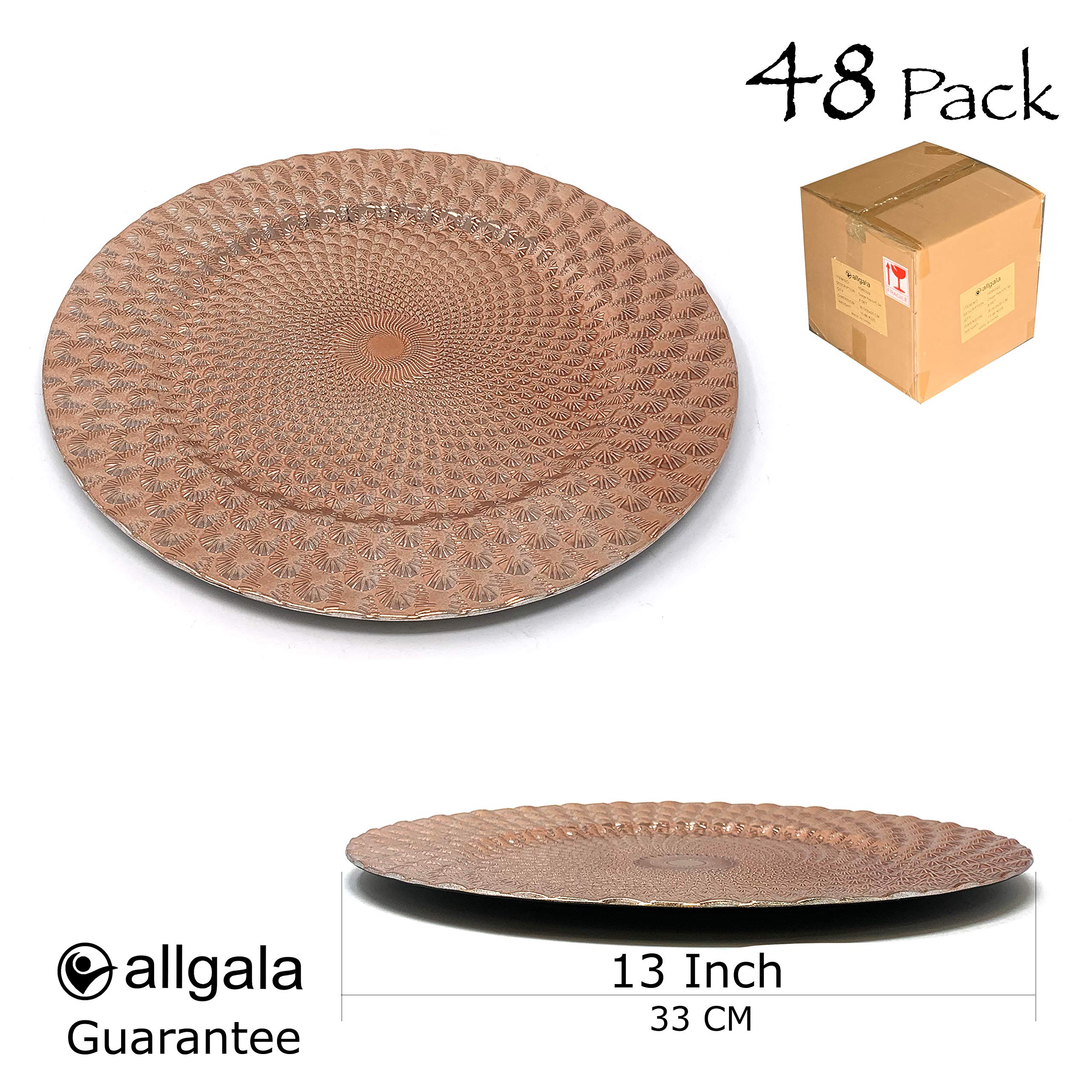 Allgala 13-Inch 48-Pack Premium Round Charger Plates - Elegant Peacock Rose Gold Design (HD80363) for Weddings, Parties & Formal Dining Events