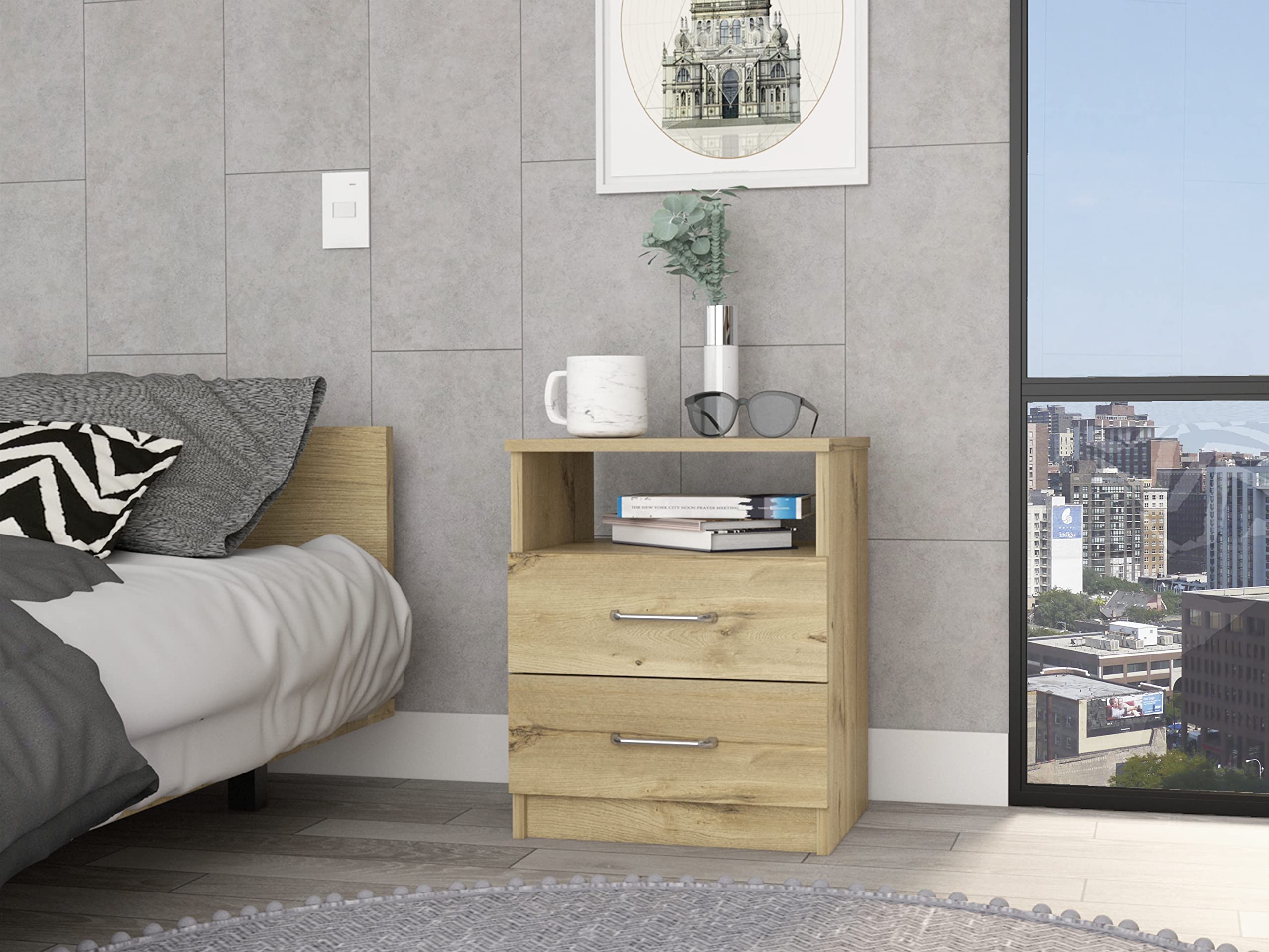 Salento Nightstand with 2 Drawers & Shelf - Light Oak Bedside Table for Bedroom - Perfect for Small Spaces & Apartment Living