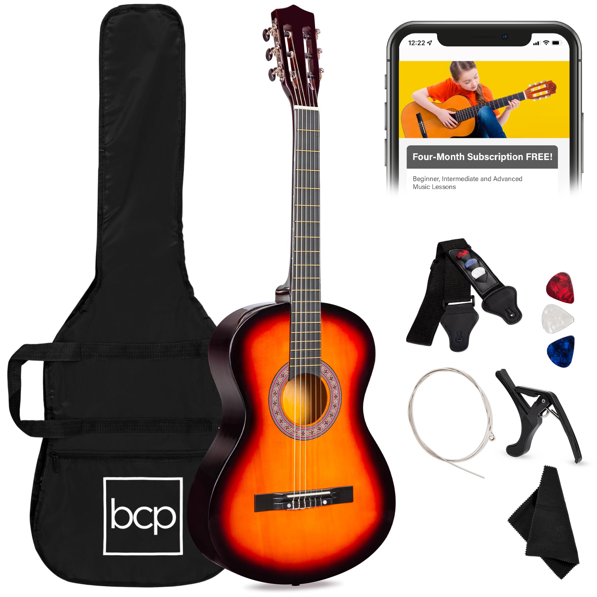 Best Choice Products 38-Inch All Wood Acoustic Guitar Starter Kit for Beginners with Gig Bag, 6 Picks, Nylon Strings & Strap with Pick Holder - Sunburst Finish | Perfect for Learning, Practice, Gifts & Live Performances