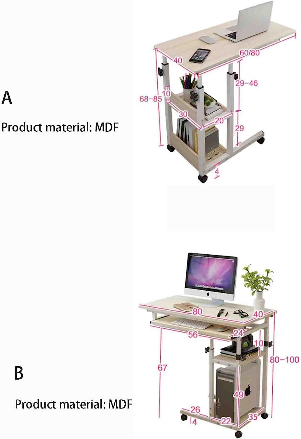 Adjustable Overbed Table with 2-Tier Shelves - Sturdy Steel Frame Laptop Desk for Keyboard & Computer - Perfect for Hospital, Bedside, or Home Office Use