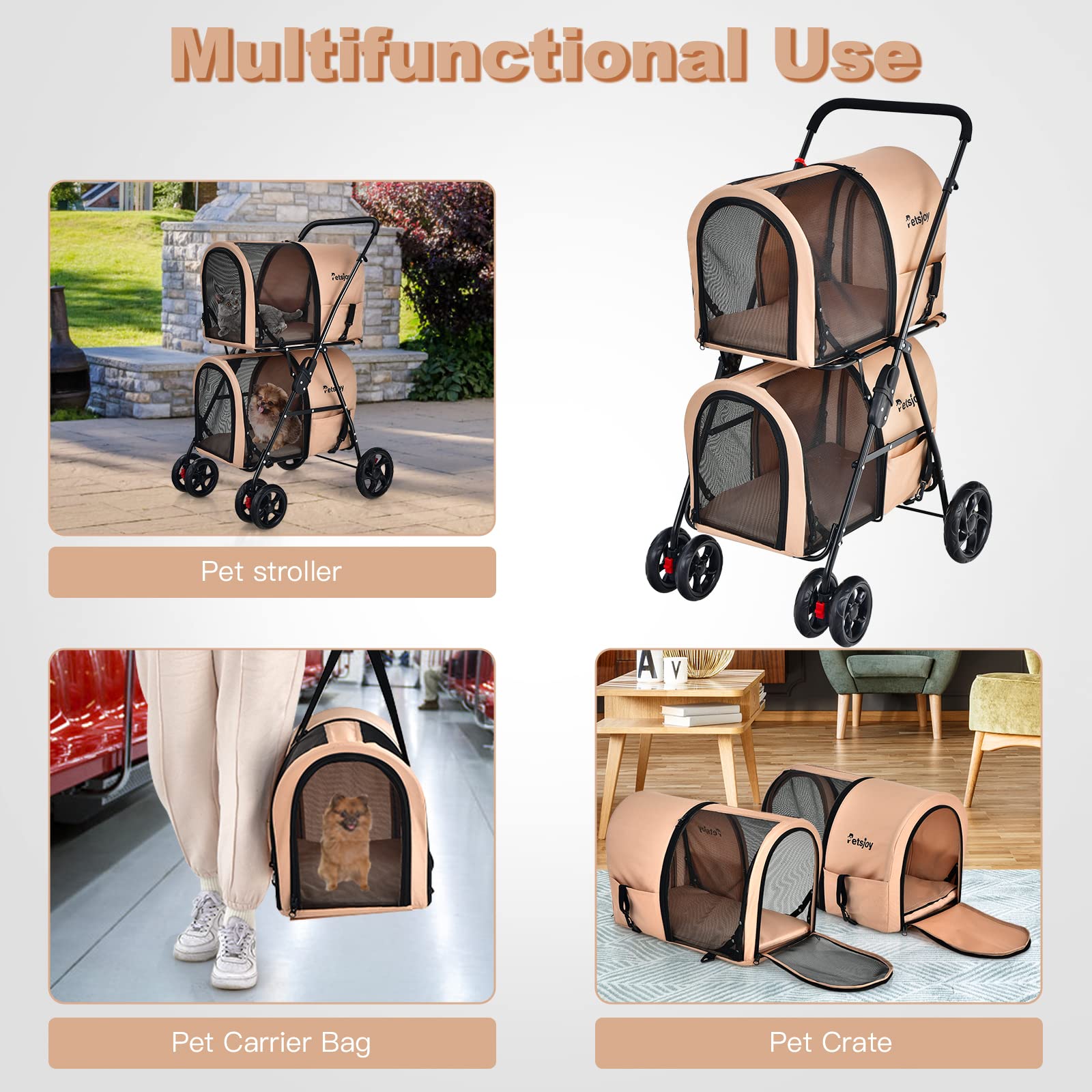 Foldable Double Dog Stroller for 2 Small/Medium Pets - Detachable Carrier Wheels, Jogger Stroller Crate for Car Seat - Perfect for Walking, Camping & Travel (Beige) | Ideal for Vet Visits, Park Outings & Shopping Trips