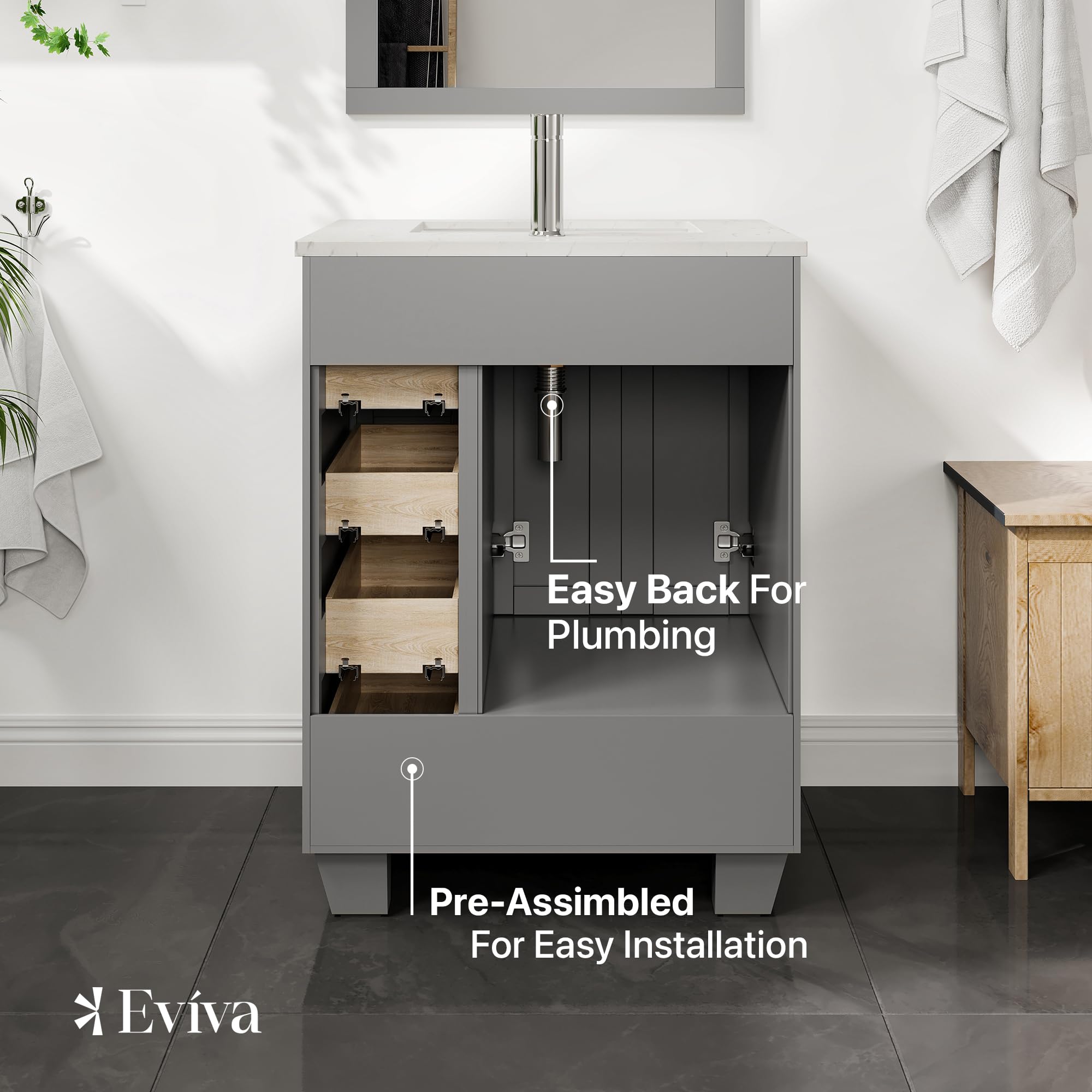 Eviva Happy 24 Inch Bathroom Vanity Set with Quartz Countertop & Porcelain Sink - Grey Small Bathroom Cabinet for Modern Spaces | Perfect for Powder Rooms, Guest Baths & Compact Master Bathrooms
