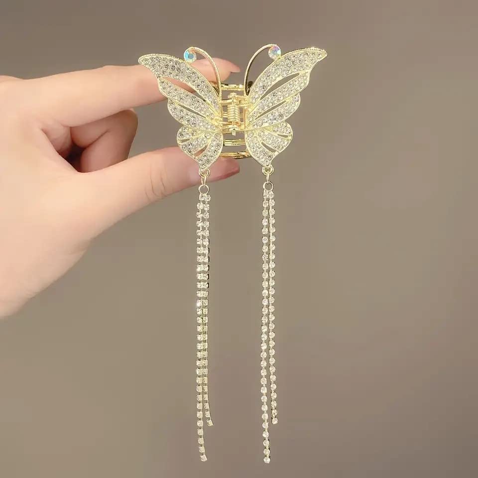 Falkiya Rhinestone Tassel Butterfly Hair Clips - Gold Metal Hair Claws with Pearls for Women & Girls | Small Size Hair Accessories for Parties, Weddings & Everyday Styling