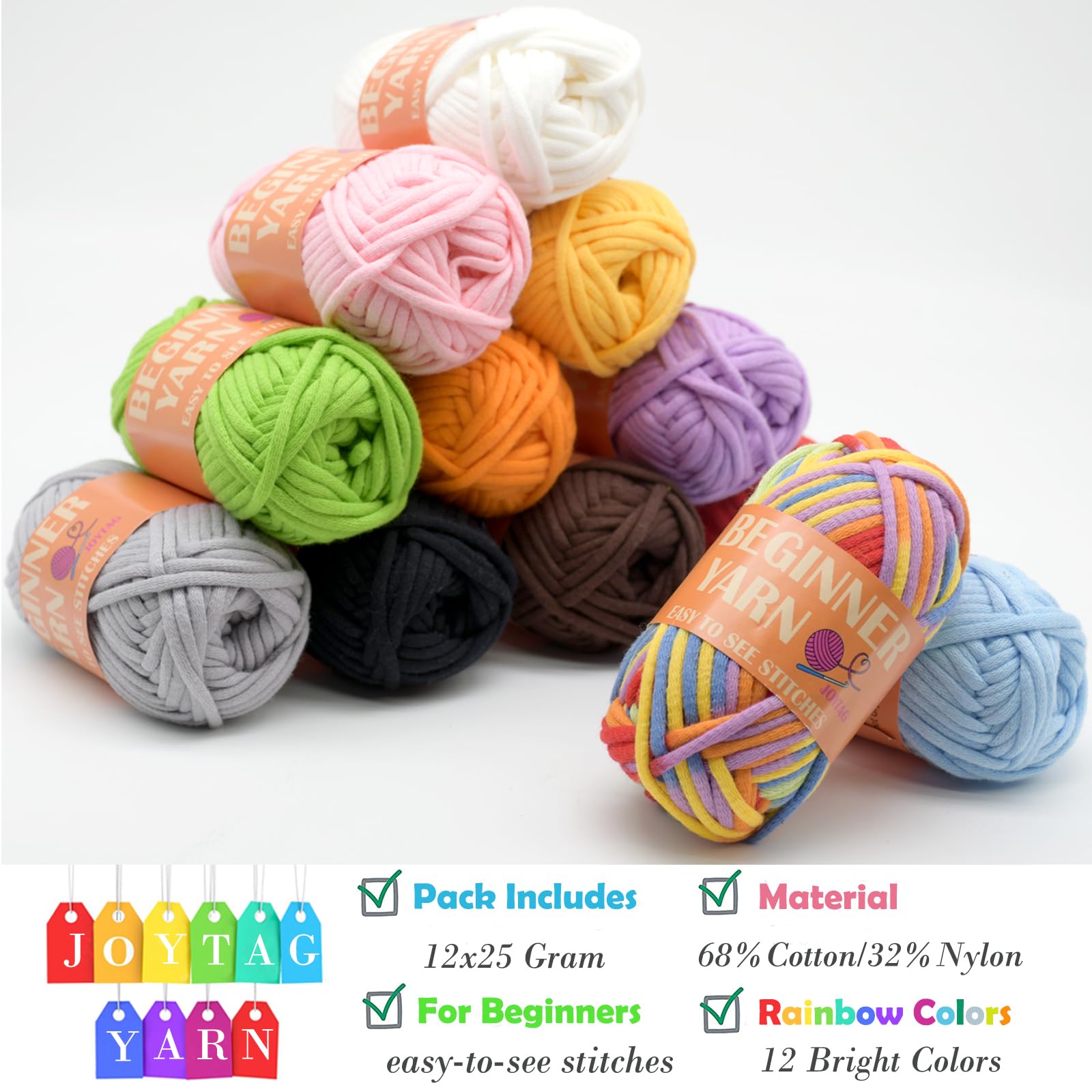 12 Pack Rainbow Cotton Crochet Yarn for Beginners - Blue, Green, Pink, Purple, Yellow - Easy-to-See Stitches Mini Yarn for Crocheting & Knitting (12x25g) - Perfect for DIY Crafts, Baby Blankets, Scarves & Amigurumi Projects