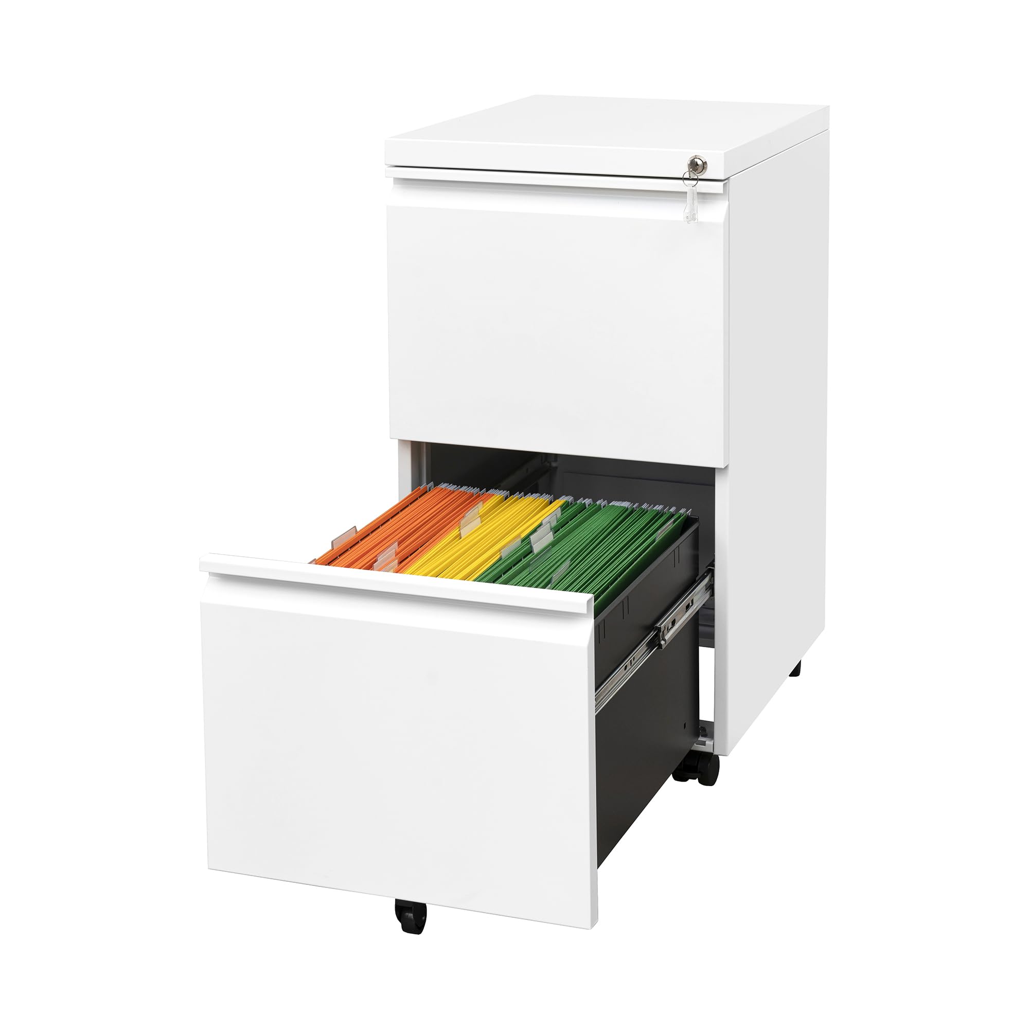 Fully Assembled Rolling File Cabinet with Lock - Under Desk Metal Filing Cabinet for Home Office, Mobile Printer Stand for A4/Legal/Letter Files (White) - Perfect for Office Organization & Document Storage