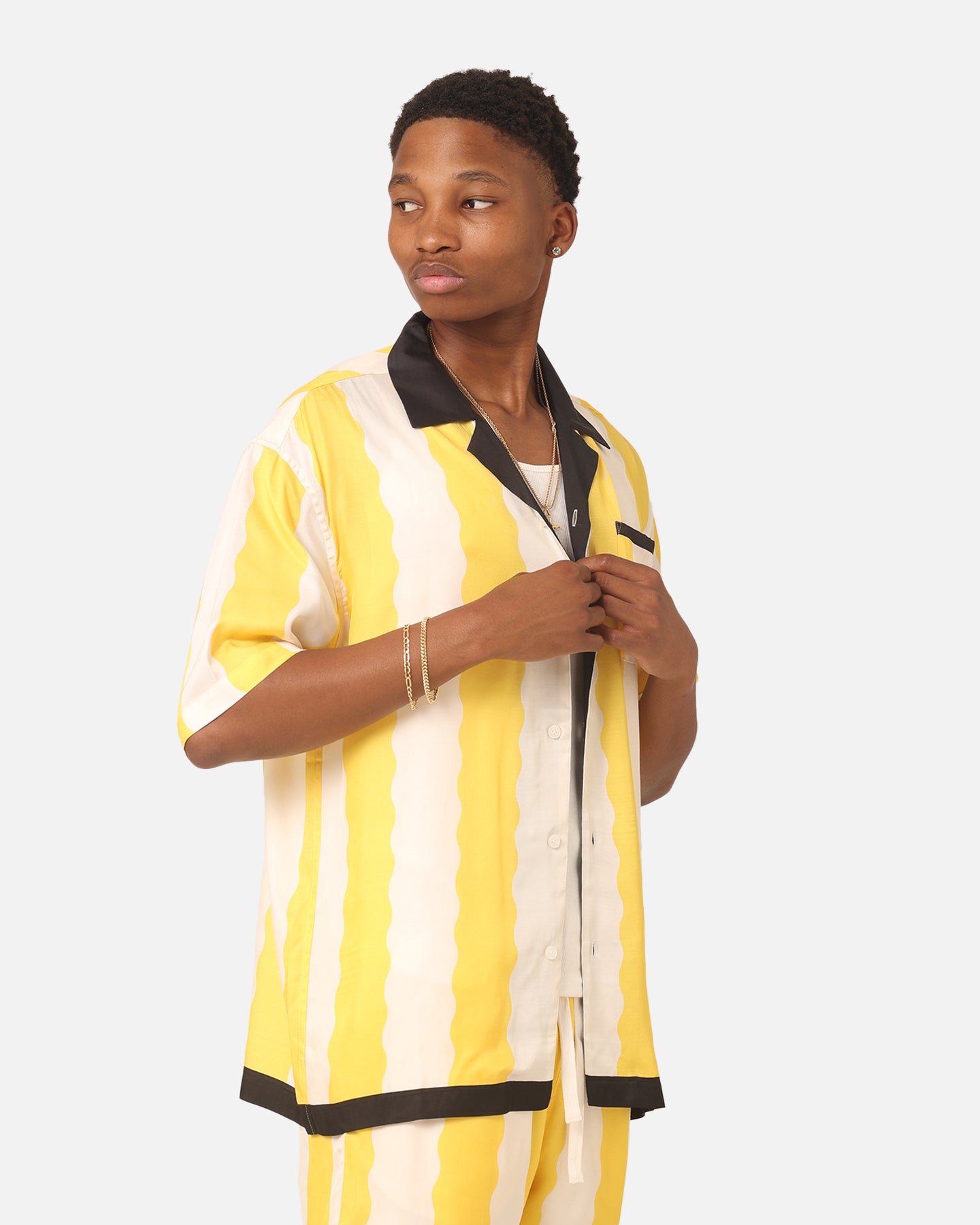 99 Cabana Bowling Short Sleeve Button Up Shirt for Men - Casual Hawaiian Aloha Shirt in Yellow/Off White - Perfect for Beach Parties, Summer Vacations & Tropical Getaways