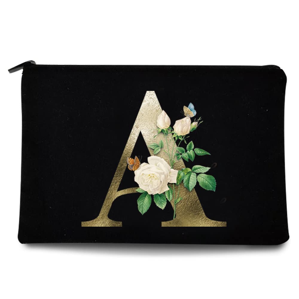 26 Letter Printed Zip Canvas Pouch Makeup Bag - Waterproof Cosmetic Travel Organizer for Women, Bridesmaid Toiletry Bag, Pencil Case, Wash Bag & Coin Purse (Golden Flower A) - Perfect for Travel, Gym, Bridal Party & Daily Essentials Storage