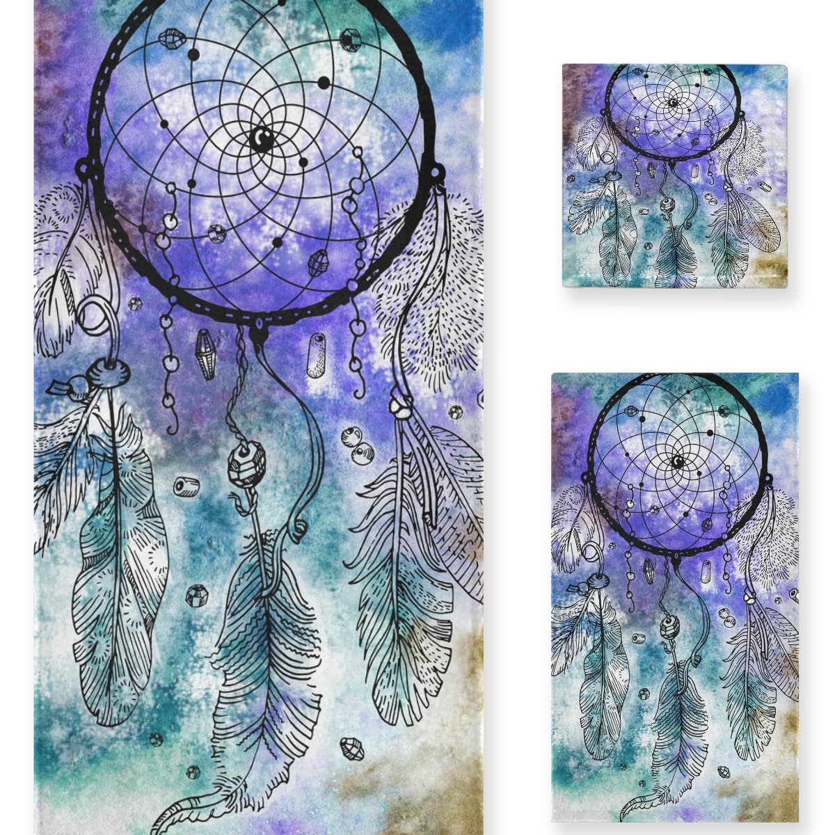 Premium 3-Piece Watercolor Dreamcatcher Bath Towel Set - Soft, Absorbent & Decorative for Bathroom, Spa, Beach & Pool Use