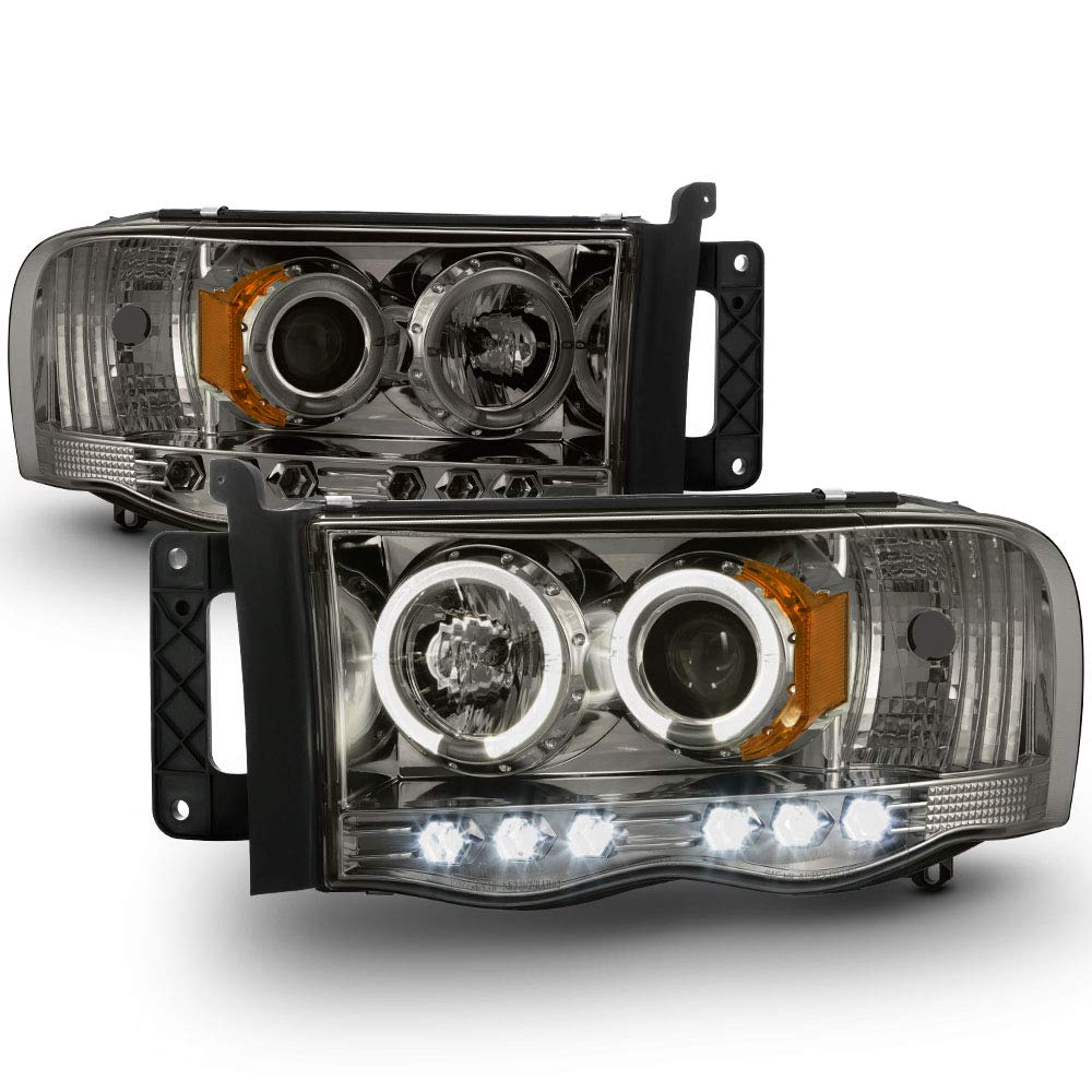 ACANII LED Halo Ring Projector Headlights for 2002-2005 Dodge Ram 1500/2500/3500 - Smoked Lens Headlamp Assembly Pair - Upgrade Your Truck Lighting for Night Driving & Off-Road Adventures