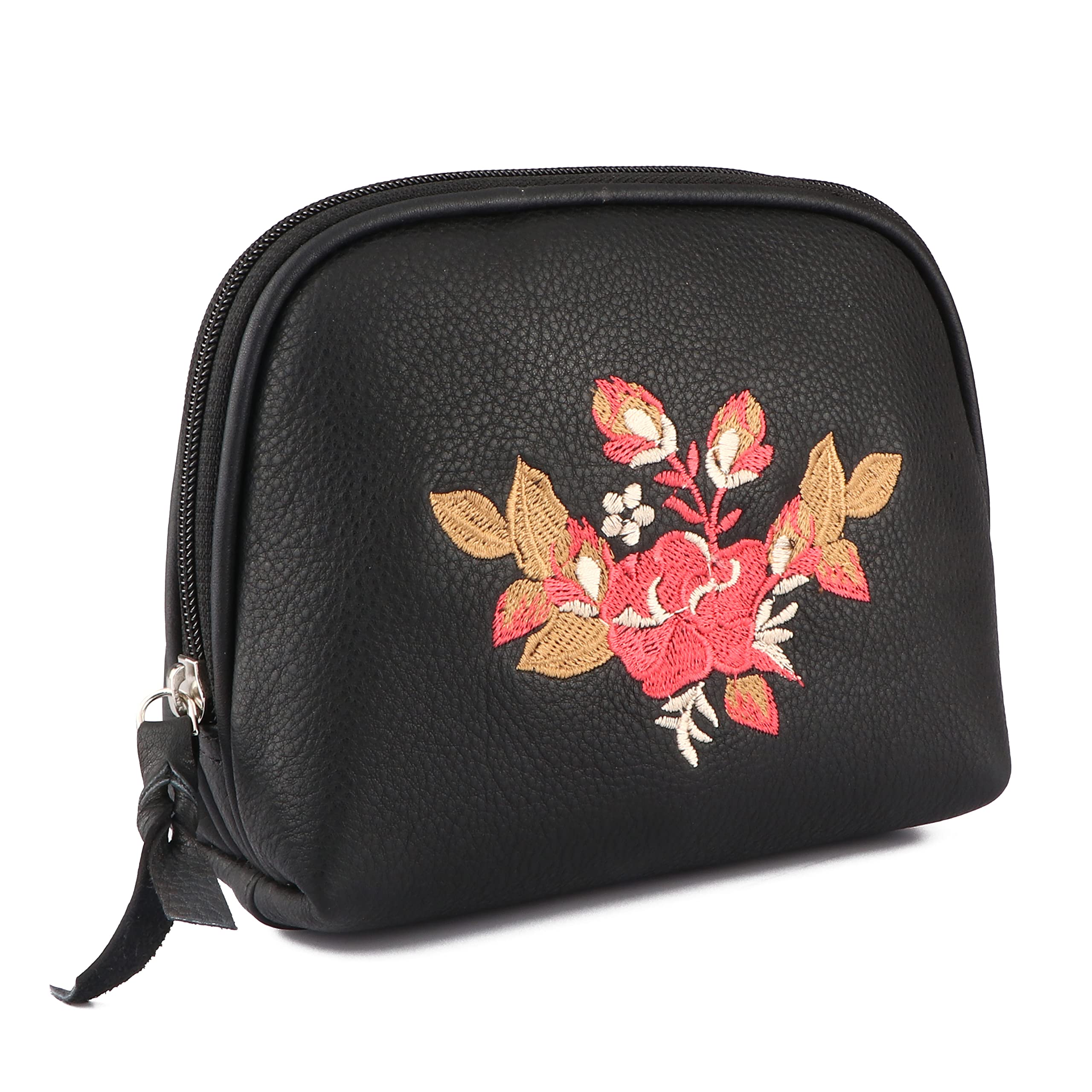 CHALLENGER Women's Black Leather Floral Embroidered Zippered Makeup Cosmetic Bag - Elegant Travel Organizer for Cosmetics, Jewelry & Essentials | Perfect Gift for Her
