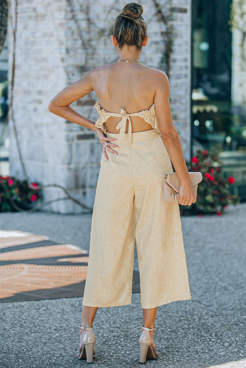 Beige Ruffled Strapless Wide Leg Jumpsuit for Women - Summer Resort Outfit, Beach Vacation Romper, Boho Chic One Piece Jumpsuit for Pool Party & Tropical Getaway