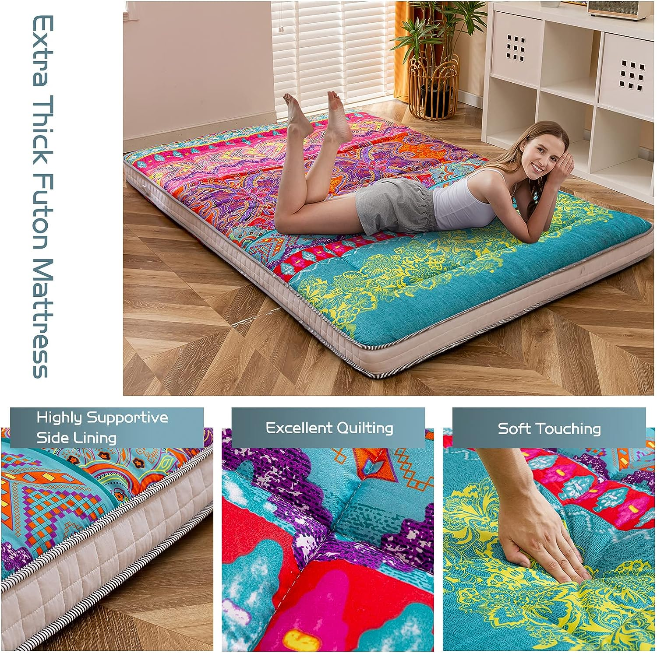 MAXYOYO Bohemian Retro Japanese Floor Mattress - Portable Roll Up Camping Mattress for Indoor/Outdoor Use - Perfect for Guest Beds, Yoga, Travel & Picnics