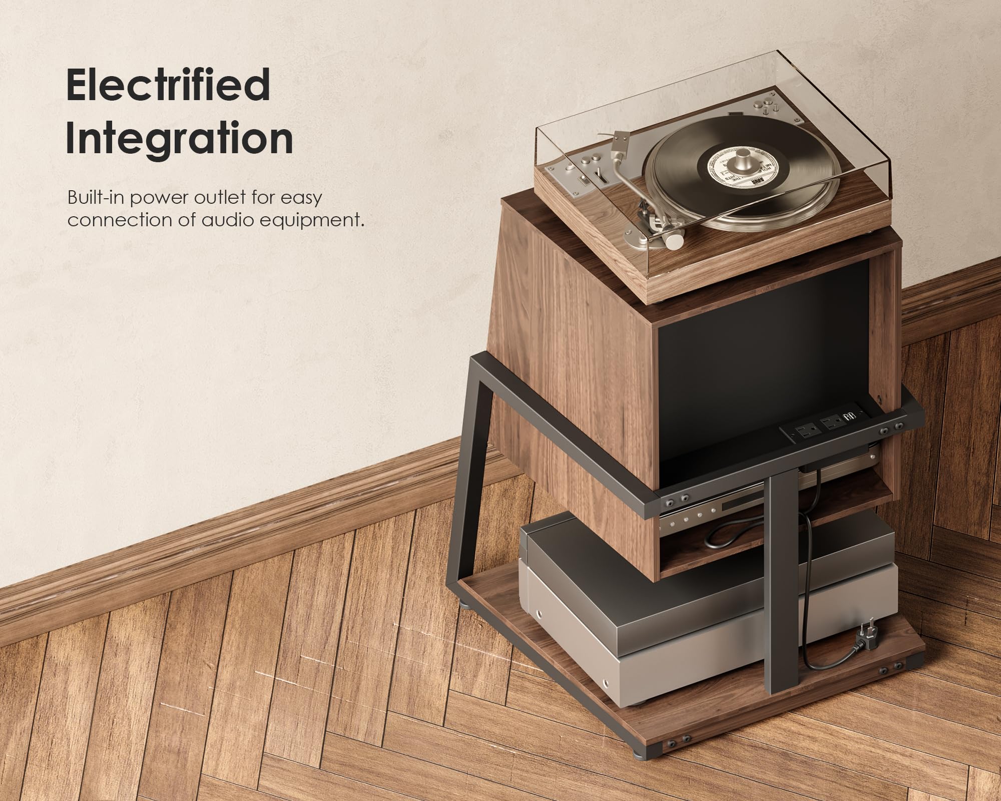 FITUEYES Eiffel Series Vinyl Record Player Stand with Storage - Holds 120 Records, Turntable Stand with Built-in Charging Station, Compact Entertainment Center for Living Room | Perfect for Music Lovers & Small Space Decor