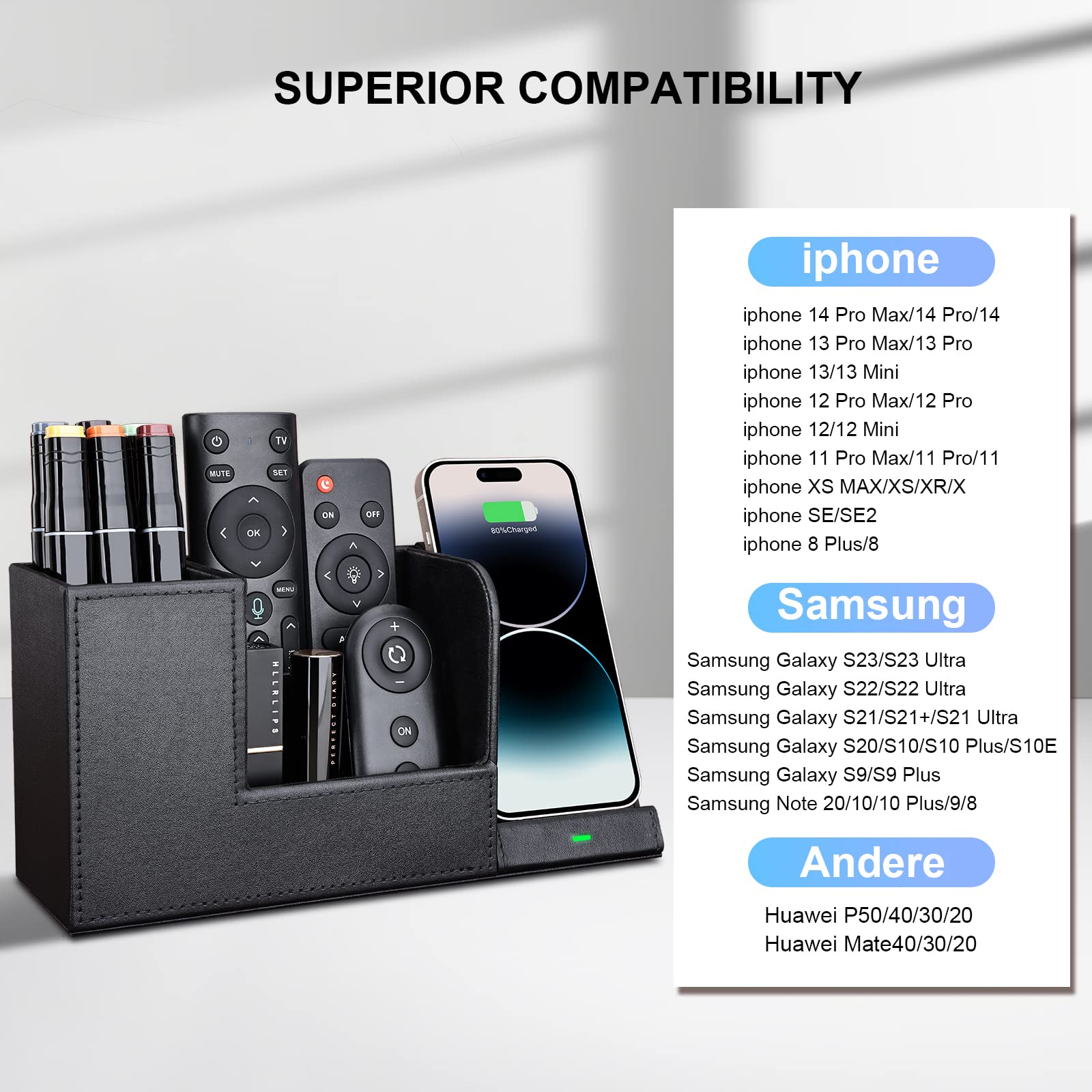 10W Fast Wireless Charger Desk Organizer - Qi-Certified Charging Station for Samsung Galaxy S23/S22/S21/Note 20/Note 10 & iPhone 14/14 Pro/13/12 - Premium Leather Stand with LED Indicator - Perfect for Office, Bedroom and Nightstand Charging