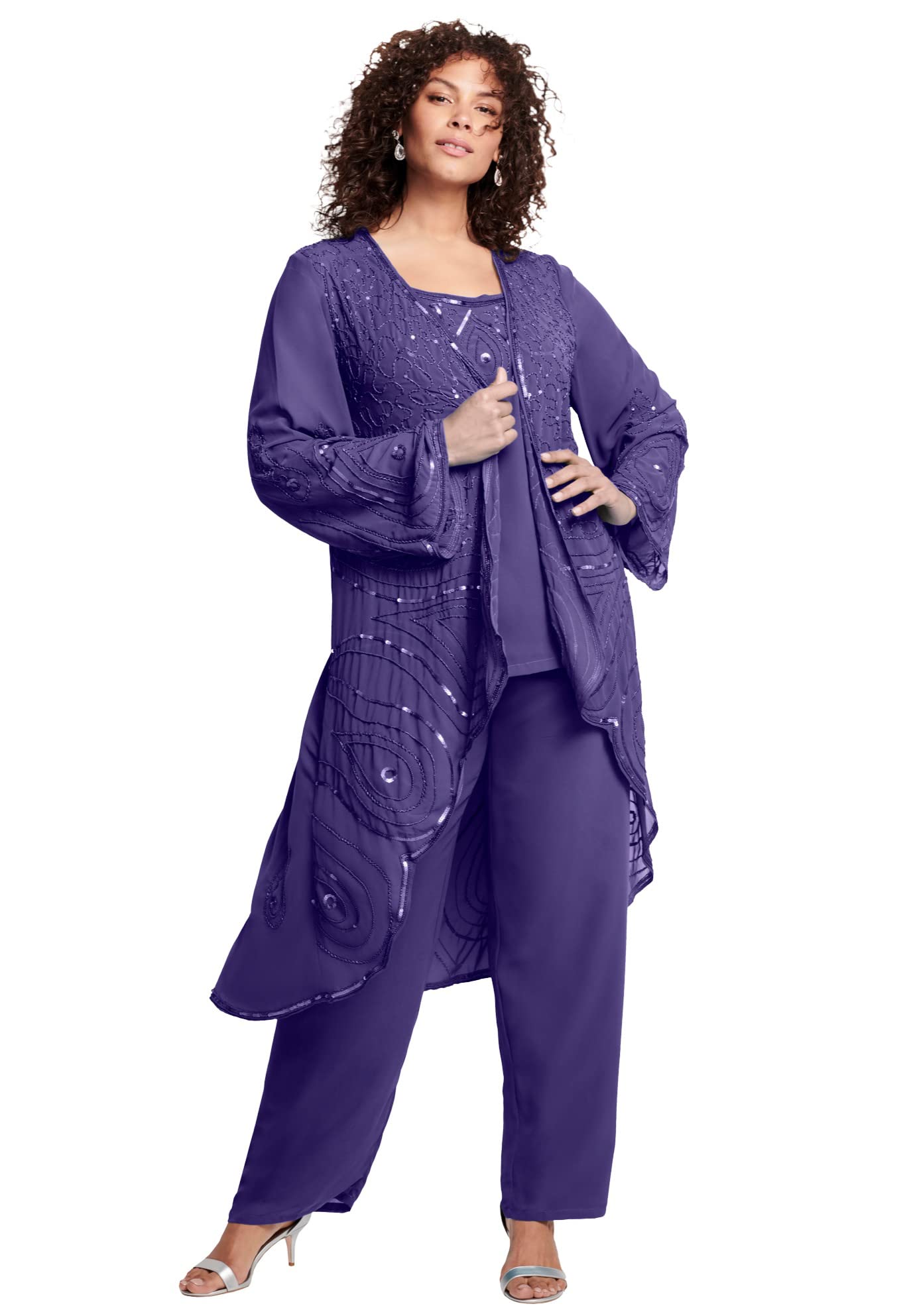 Roaman's Women's Plus Size 3-Piece Beaded Pant Suit with Sheer Jacket | Formal Evening Wear for Weddings, Parties & Special Occasions