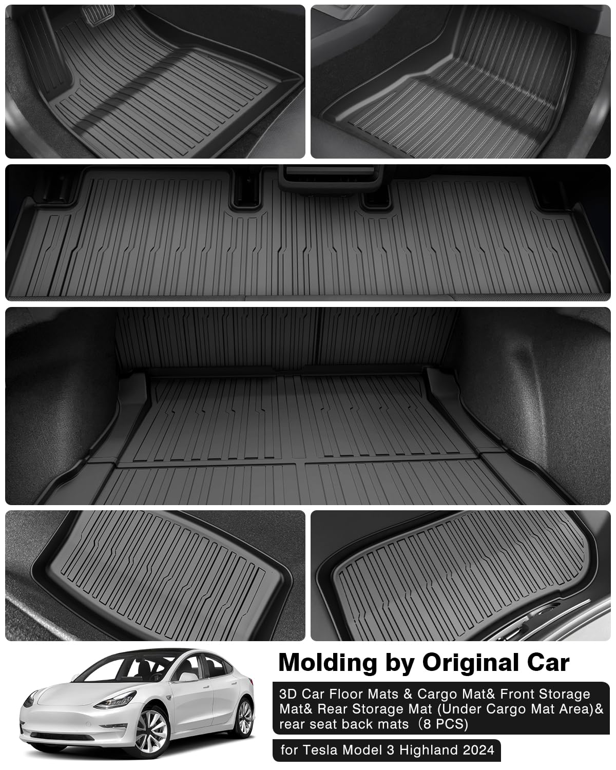 Premium All-Weather TPE 3D Floor Mats & Cargo Liner Set (8-Piece) for 2024-2025 Tesla Model 3 Highland - Front & Rear Storage Mats with Rear Seat Back Protection - Perfect for Daily Commutes, Road Trips, and Outdoor Adventures
