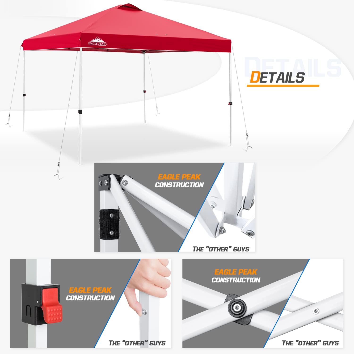 EAGLE PEAK 10x10 ft Pop Up Canopy Tent with Wheeled Carry Bag - Easy Setup Instant Shelter with 8 Stakes, 4 Ropes & 4 Weight Bags (100 sq ft Shade, Red) - Perfect for Outdoor Events, Camping, Beach, Picnics and Backyard Parties