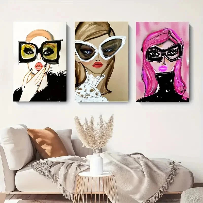 3pcs Stylish Women with Large Fashion Glasses Wall Art Set - 40x60cm Framed Canvas Prints, High Quality Australian Made Home Decor for Living Room, Bedroom & Office - Ready to Hang Modern Artwork