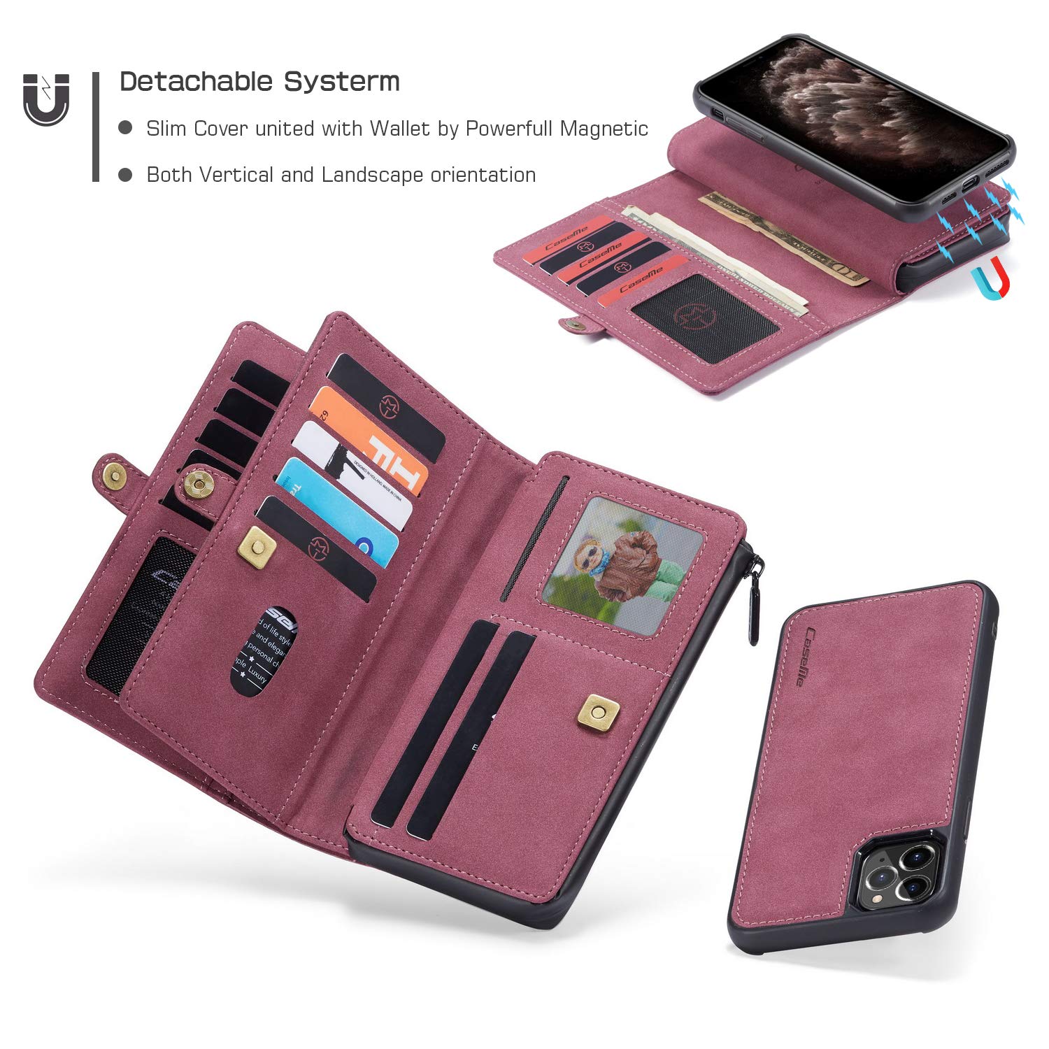 Premium iPhone 11 Pro Max Leather Wallet Case - Detachable Magnetic Zipper Cover with 18 Credit Card Slots, Cash Clip & Wrist Strap | Flip Phone Purse for Men & Women (Red) | Perfect for Travel, Work & Everyday Protection