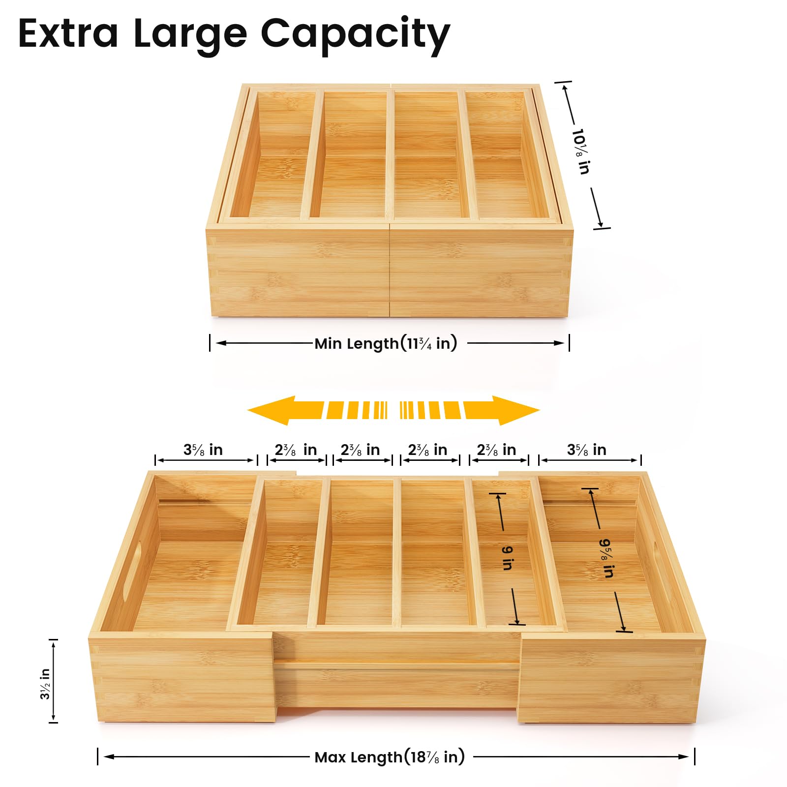 Expandable Bamboo Drawer Organizer for Kitchen Cabinets - Adjustable Lid Storage with 3 Dividers - Plastic Food Container & Tupperware Lid Holder - Perfect for Pantry Organization & Space Saving