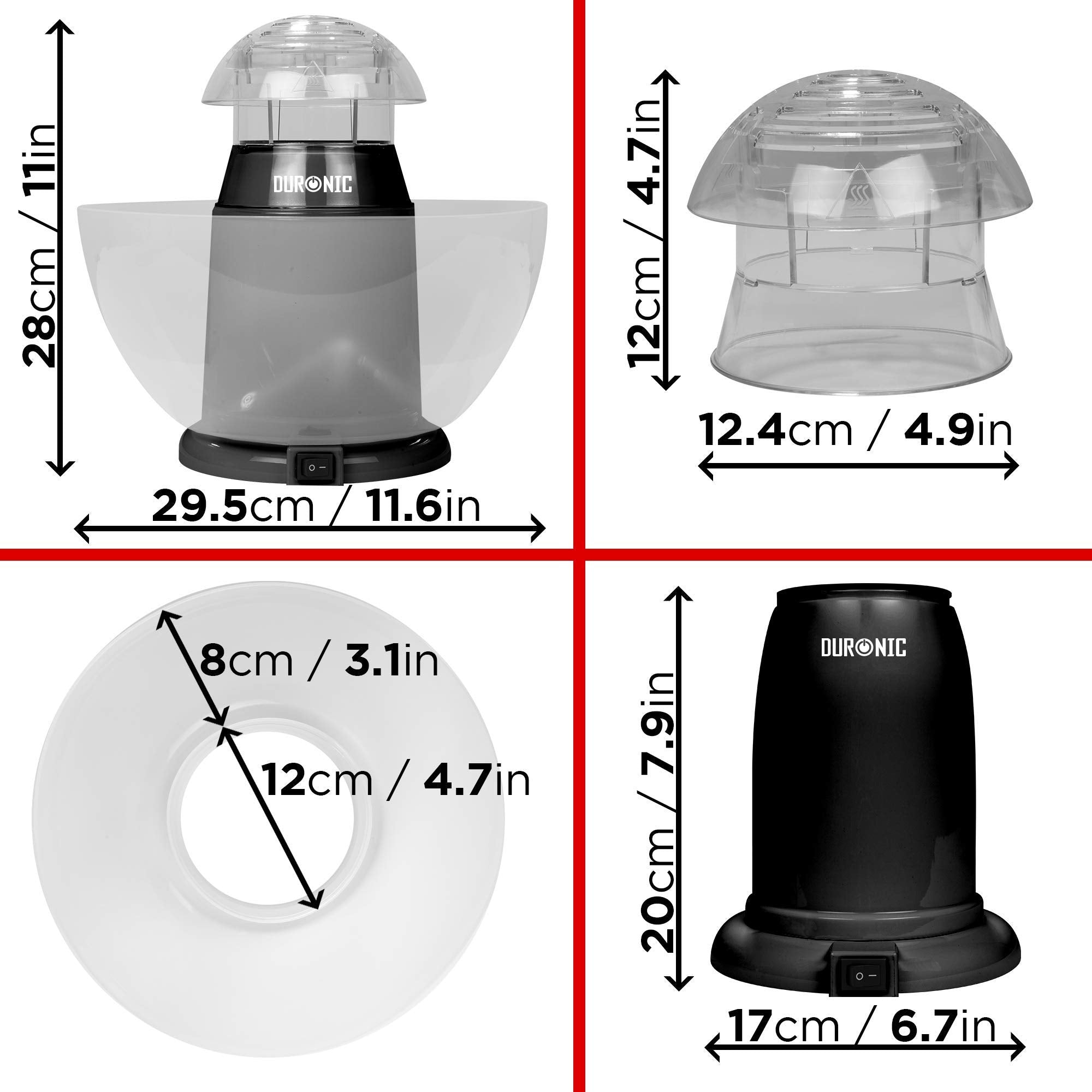 Duronic POP50/BK Hot Air Popcorn Maker - Healthy Oil-Free Homemade Popcorn Machine for Low Calorie Snacks - 1200W with Measuring Cup & Serving Bowl - Perfect for Movie Nights, Parties & Family Snack Time