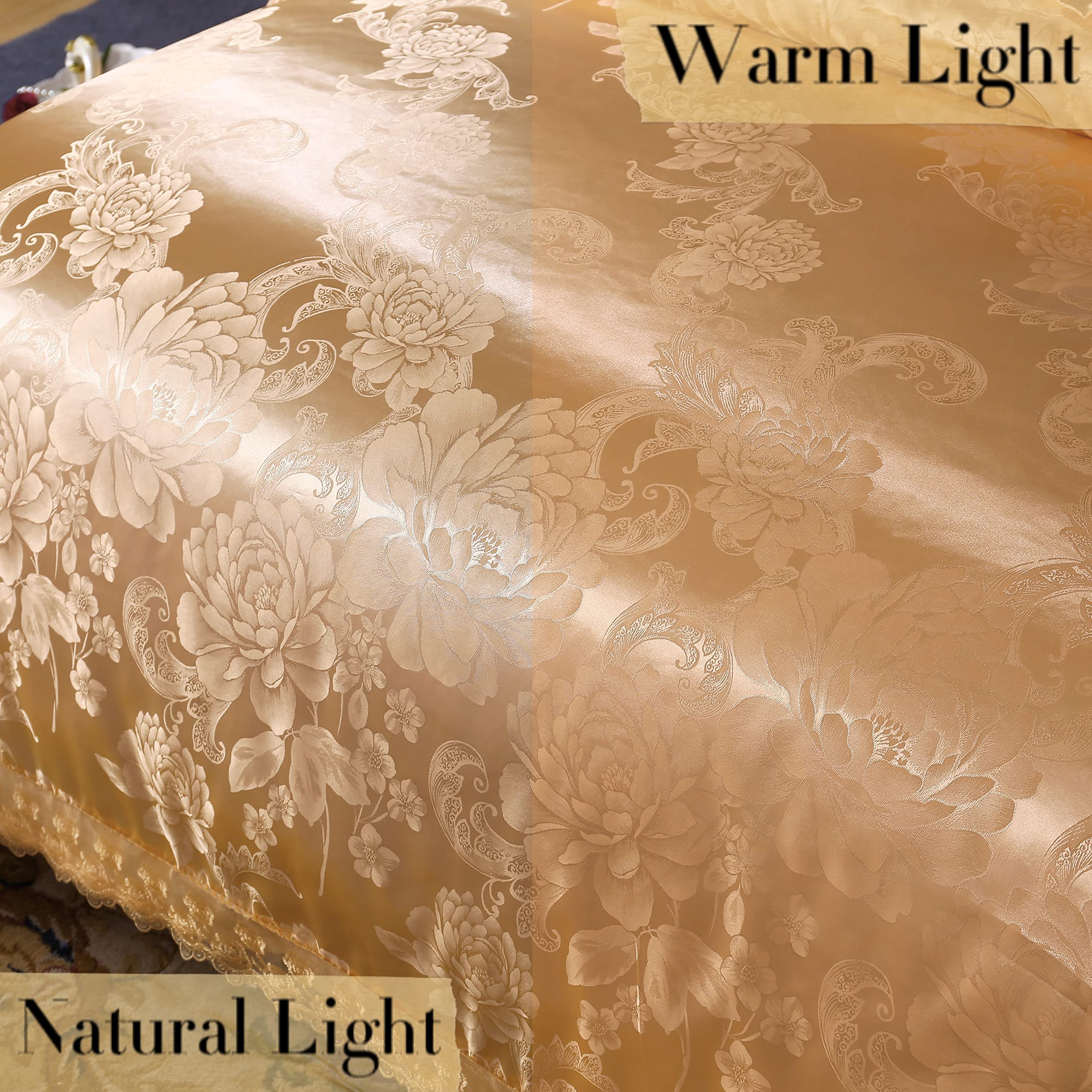 Luxury Queen Duvet Cover Set - 3-Piece Jacquard Bedding with Elegant Lace Trim in Gold for Master Bedroom Decor & Hotel Style Comfort