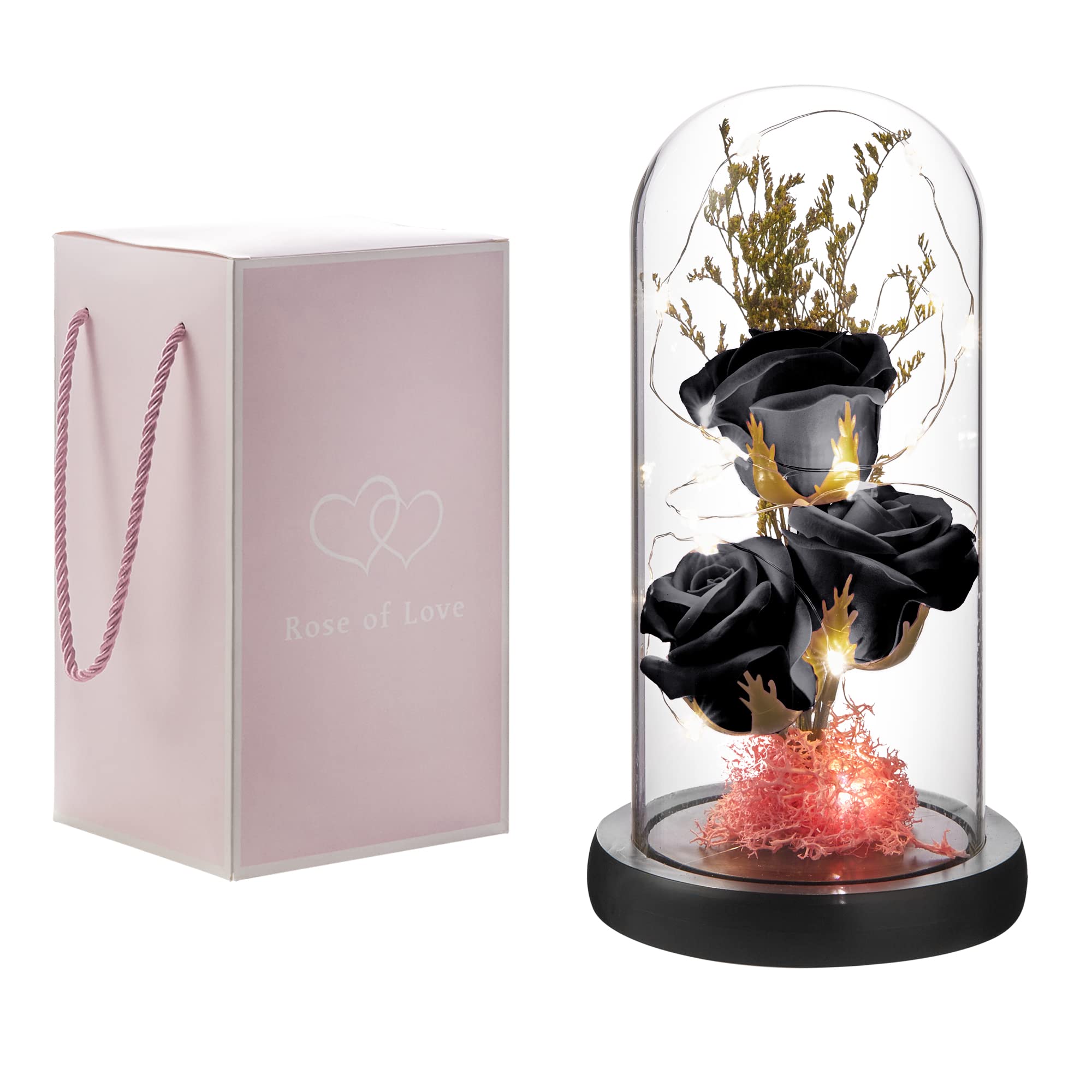 ORIDOM Preserved Rose in Glass Dome with LED Lights - Eternal Flower Gift for Women, Mom, Grandma - Perfect for Mother’s Day, Valentine’s, Anniversary, Birthday & Christmas Decor (Black) - Romantic Home Decor & Thoughtful Gift Idea