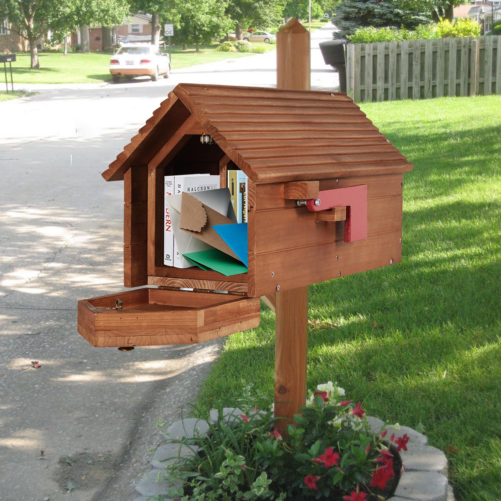 Outdoor Cedar Mailbox with Wood Roof - Decorative House Mailbox for Envelopes, Letters & Packages - Perfect for Garden, Yard, School & Library Use