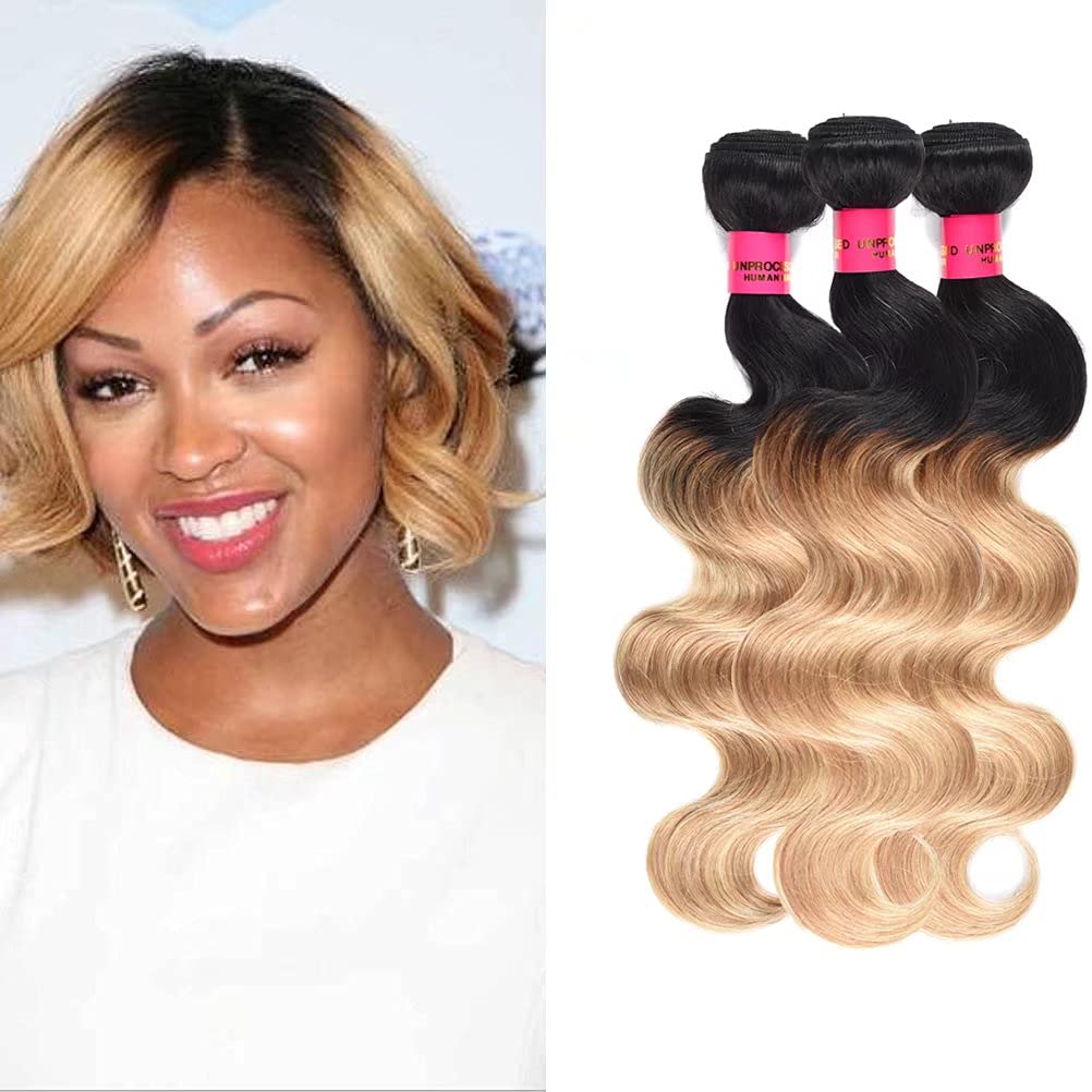WOME Brazilian Ombre Human Hair Bundles - 3 Bundles Unprocessed #1B/27 Blonde Ombre Two Tone Hair Wefts Extensions (10
