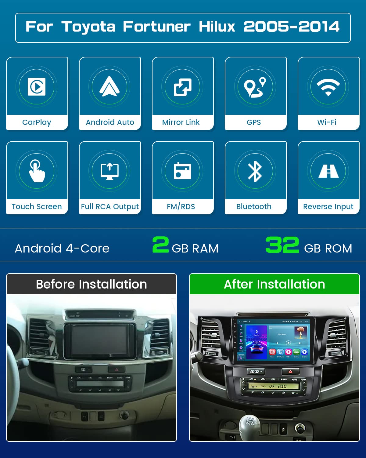 Roinvou 2+64GB Android CarPlay Stereo for 2005-2014 Toyota Fortuner & Hilux - 9