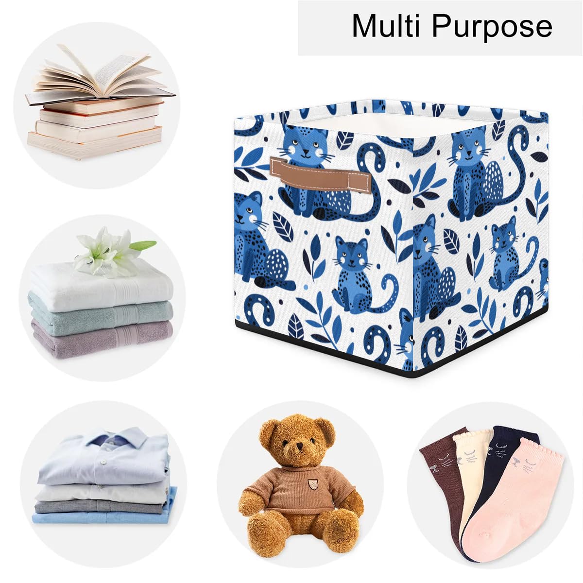 13 Inch Collapsible Storage Basket with Leather Handle - Foldable Organizer Bin for Closet, Shelves & Home Decor (Blue) | Perfect for Bedroom, Bathroom & Kids' Room Organization