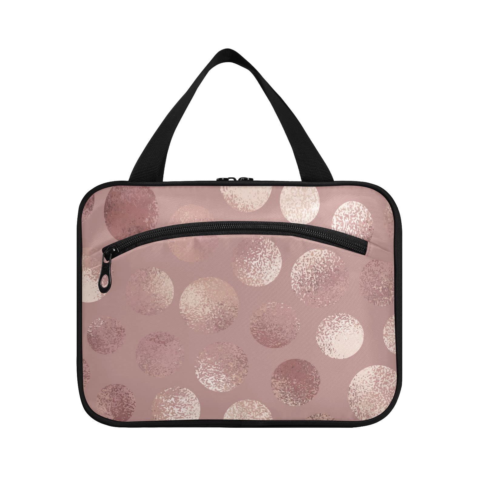 Rose Gold Polka Dots Travel Toiletry Bag - Large Cosmetic Organizer with Hanging Hook for Women | Perfect for Travel & Gym