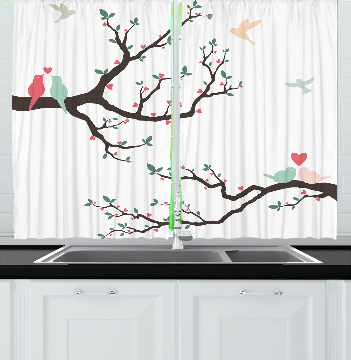Ambesonne Love Long Kitchen Curtains - Retro Birds on Tree Branch Design, Vintage Romance Drapes for Couples, 2 Panel Rod Pocket Window Treatment, 55 x 45 Inches, Green Pink Brown - Perfect for Farmhouse, Cottage & Retro Kitchen Decor