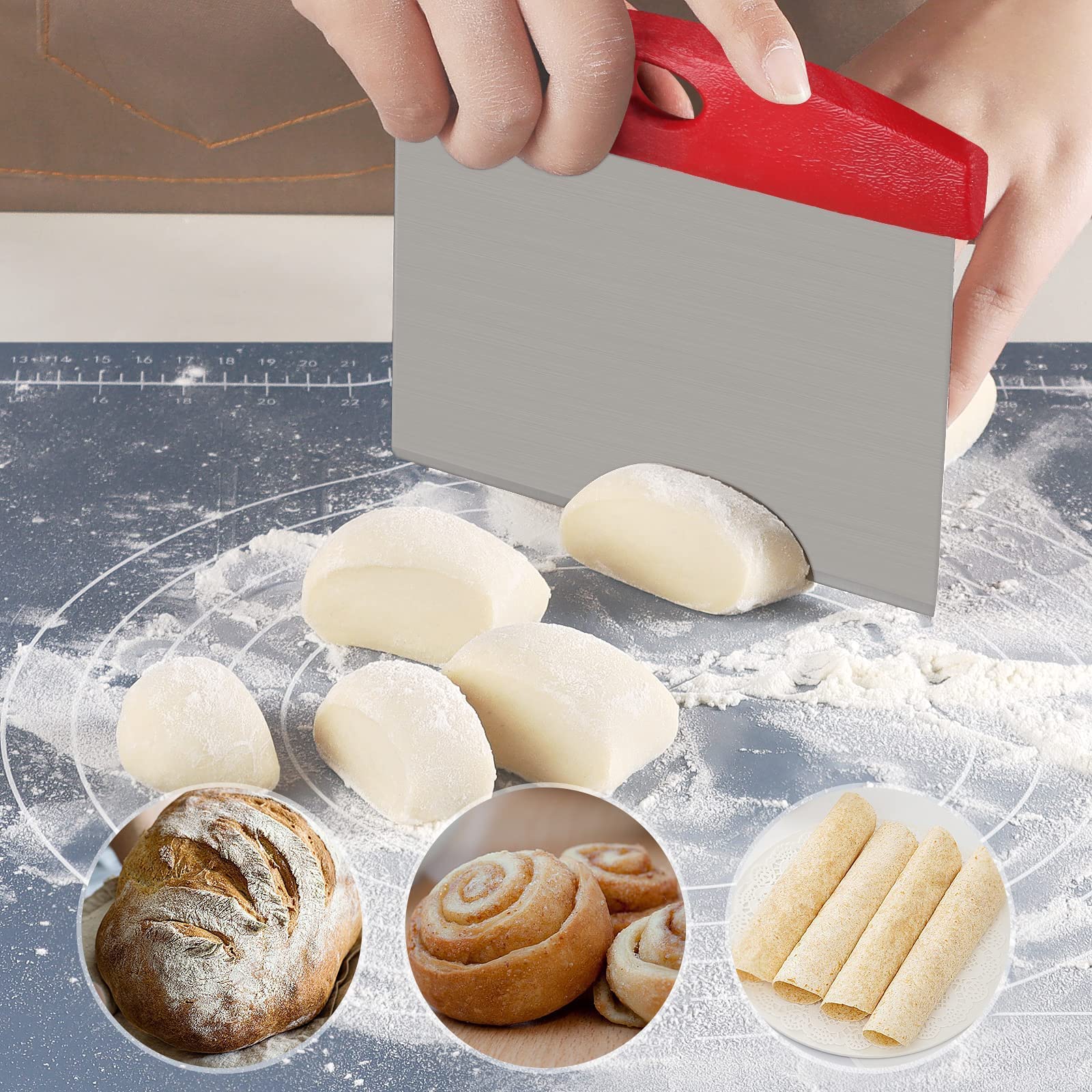 Ourokhome Pastry Dough Bench Scraper - BPA Free Plastic & 430 Stainless Steel Kitchen Tool - Dishwasher Safe - Perfect for Baking, Cooking, and Dough Preparation