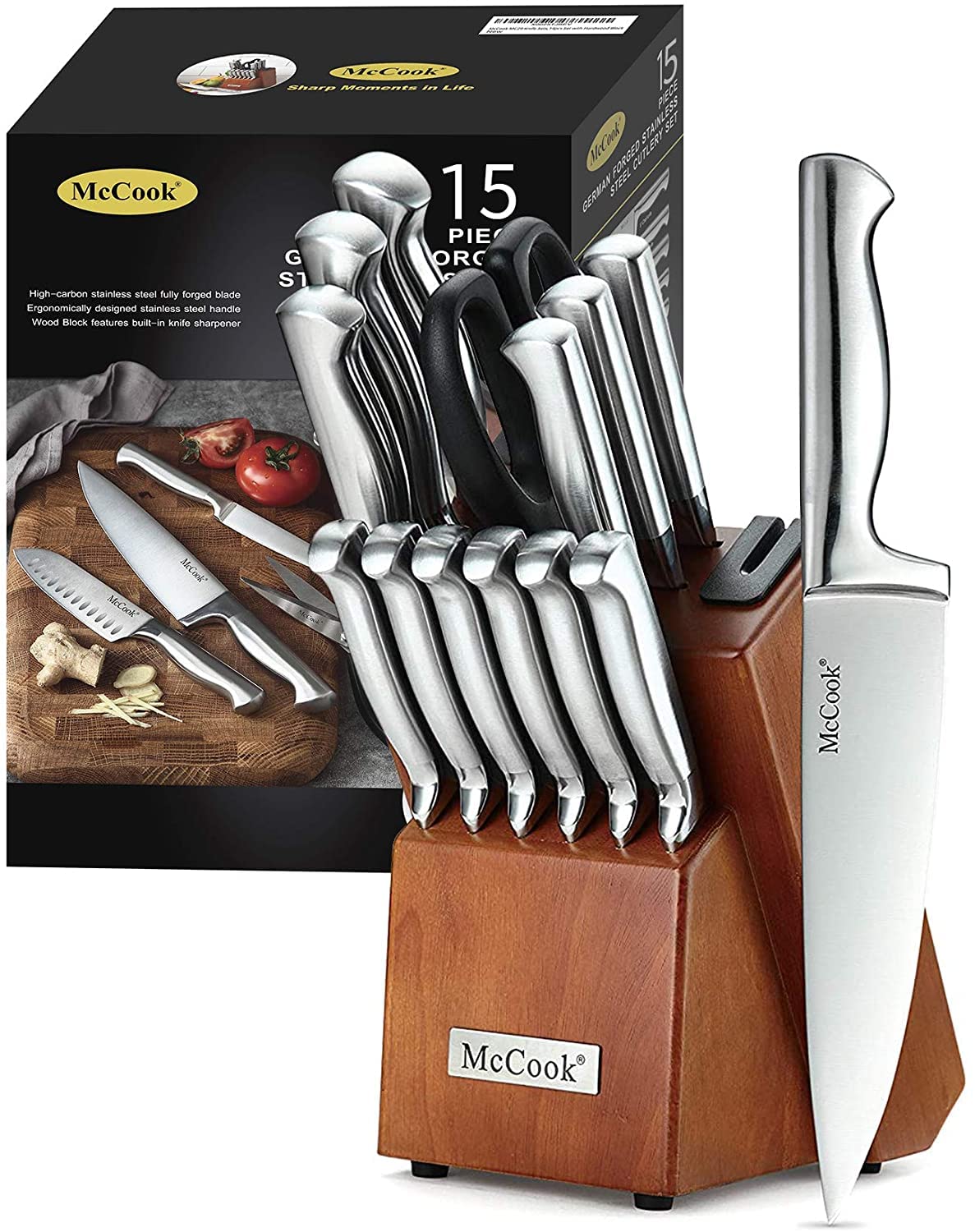 McCook® German Stainless Steel Knife Set with Built-in Sharpener - 15-Piece Kitchen Knife Block Set for Professional Chefs & Home Cooking - Perfect for Meat Cutting, Vegetable Chopping & Food Prep