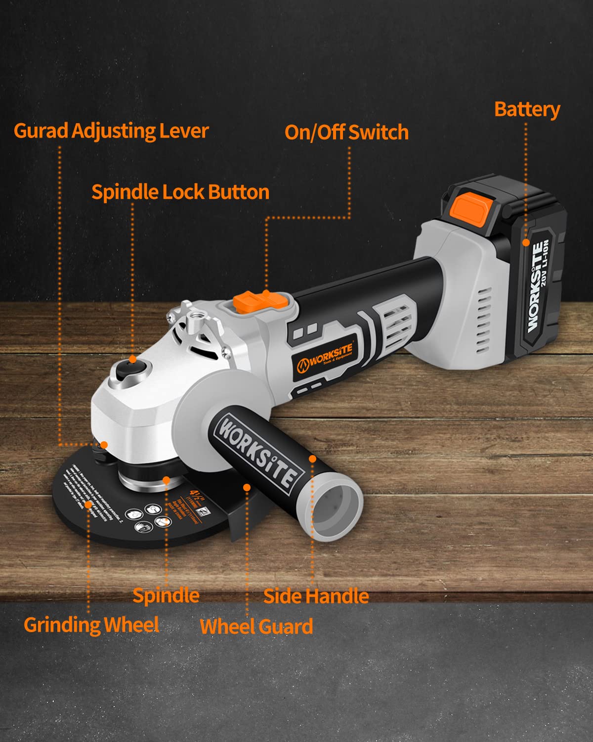 WORKSITE 4-1/2 Inch Cordless Angle Grinder with 4-Pole Motor - Includes 4.0Ah Battery, Charger, Cutting Wheels & Accessories - Perfect for Metal Cutting, Grinding & DIY Projects
